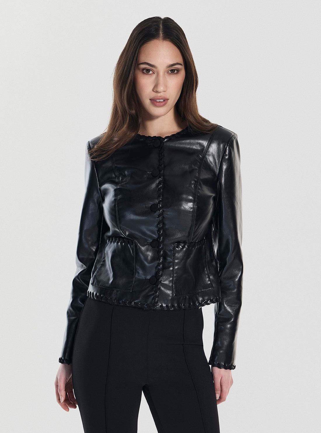 GUESS Womens Black Leontine Faux Saffiano Leather Jacket W5YL09WF8P0 Front View