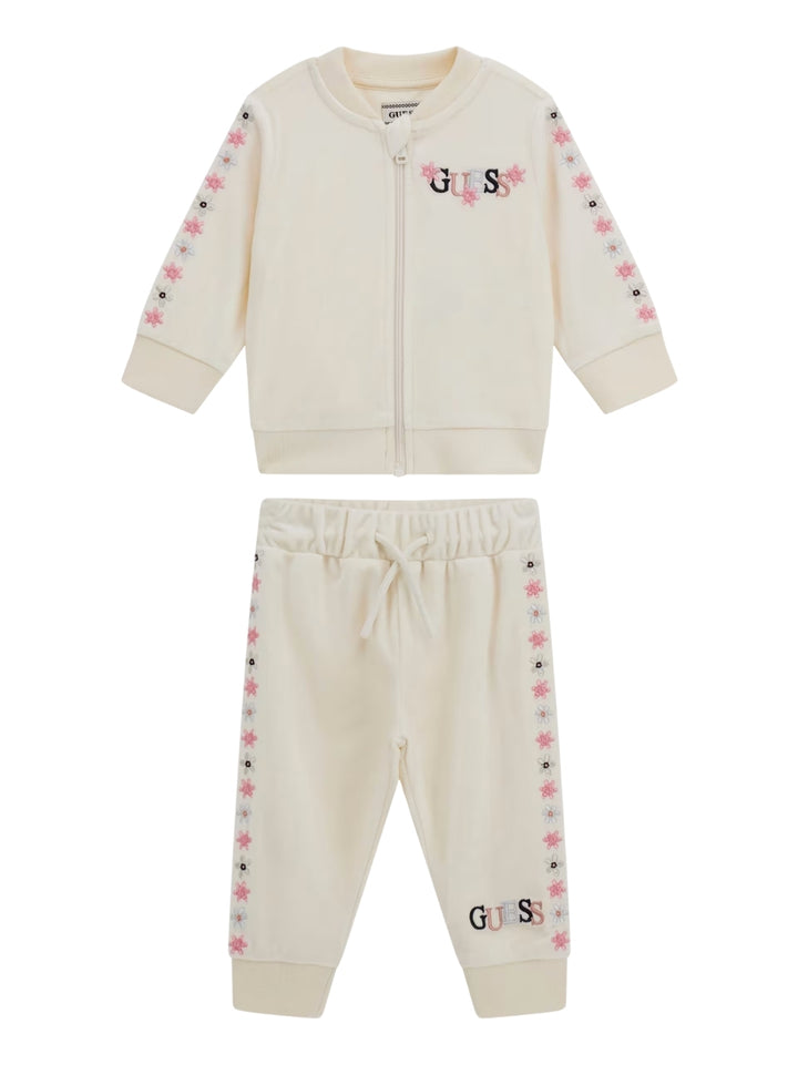 GUESS Kids Cream White Velvet Active Top and Pants Set (0–9m) A5BG06K0232 Front View