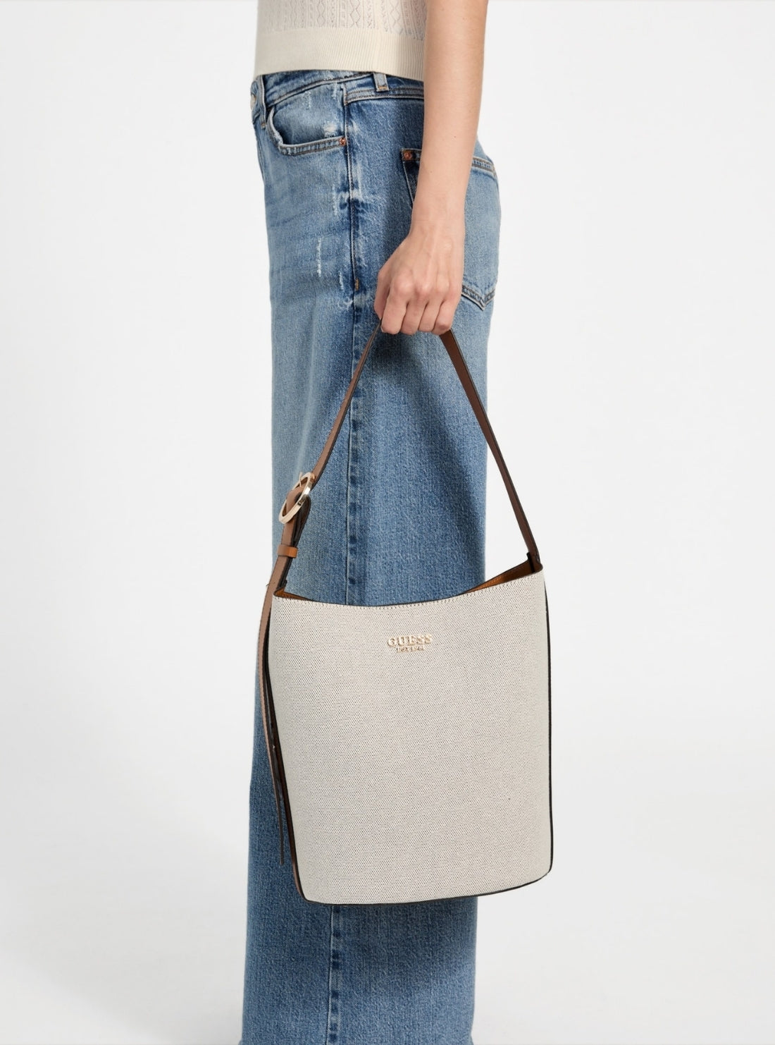 GUESS Womens Beige Caramel Nicolette Large Bucket Shoulder Bag AG966204 Model view