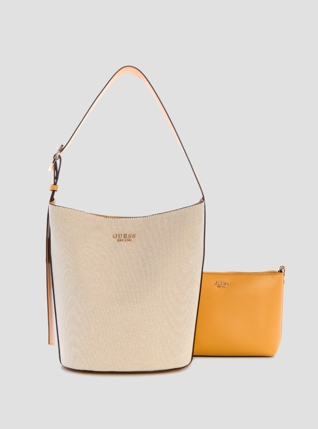 GUESS Women's Beige Orange Nicolette Large Bucket Shoulder Bag Front View