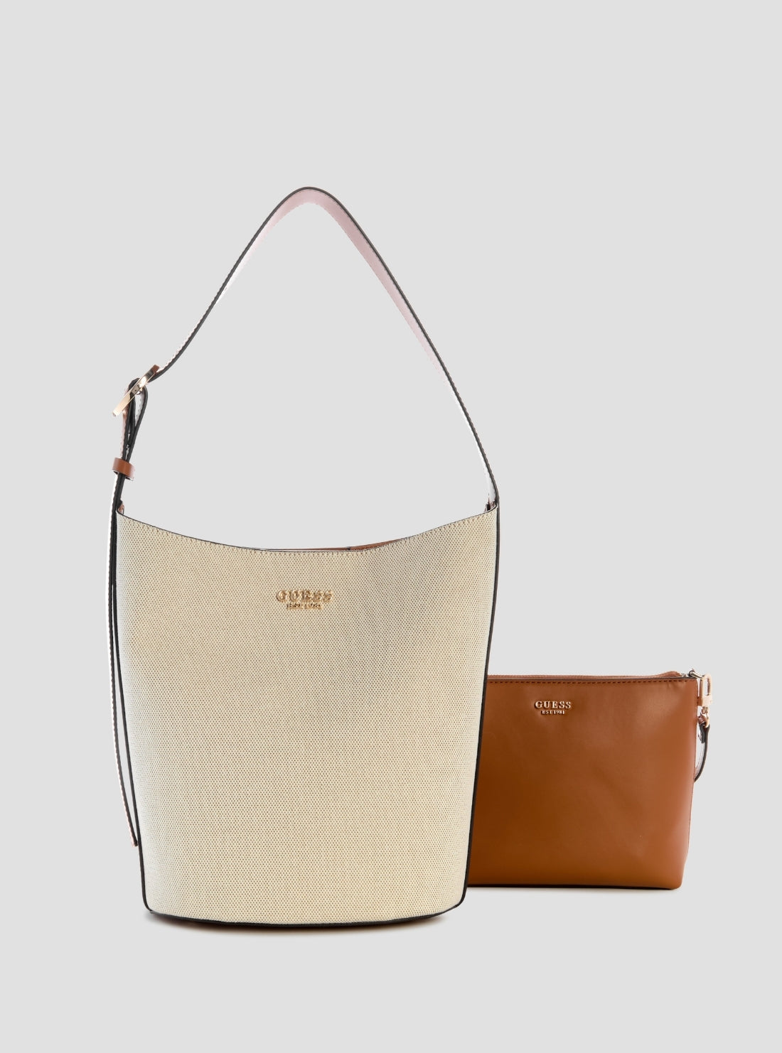 GUESS Womens Beige Caramel Nicolette Large Bucket Shoulder Bag Front View