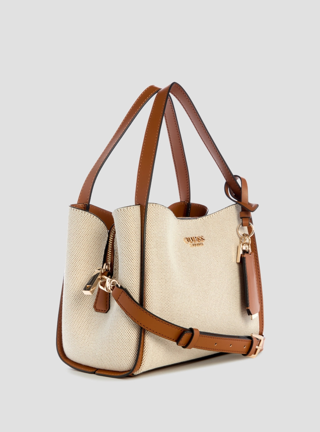 GUESS Womens Beige Brown Nicolette Small Girlfriend Satchel Front Side View