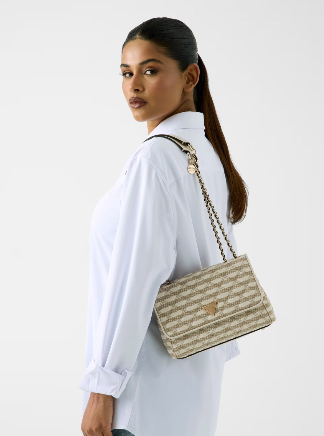 GUESS Womens Brown Multi Giully II Convertible Flap Bag AG967320 Model View