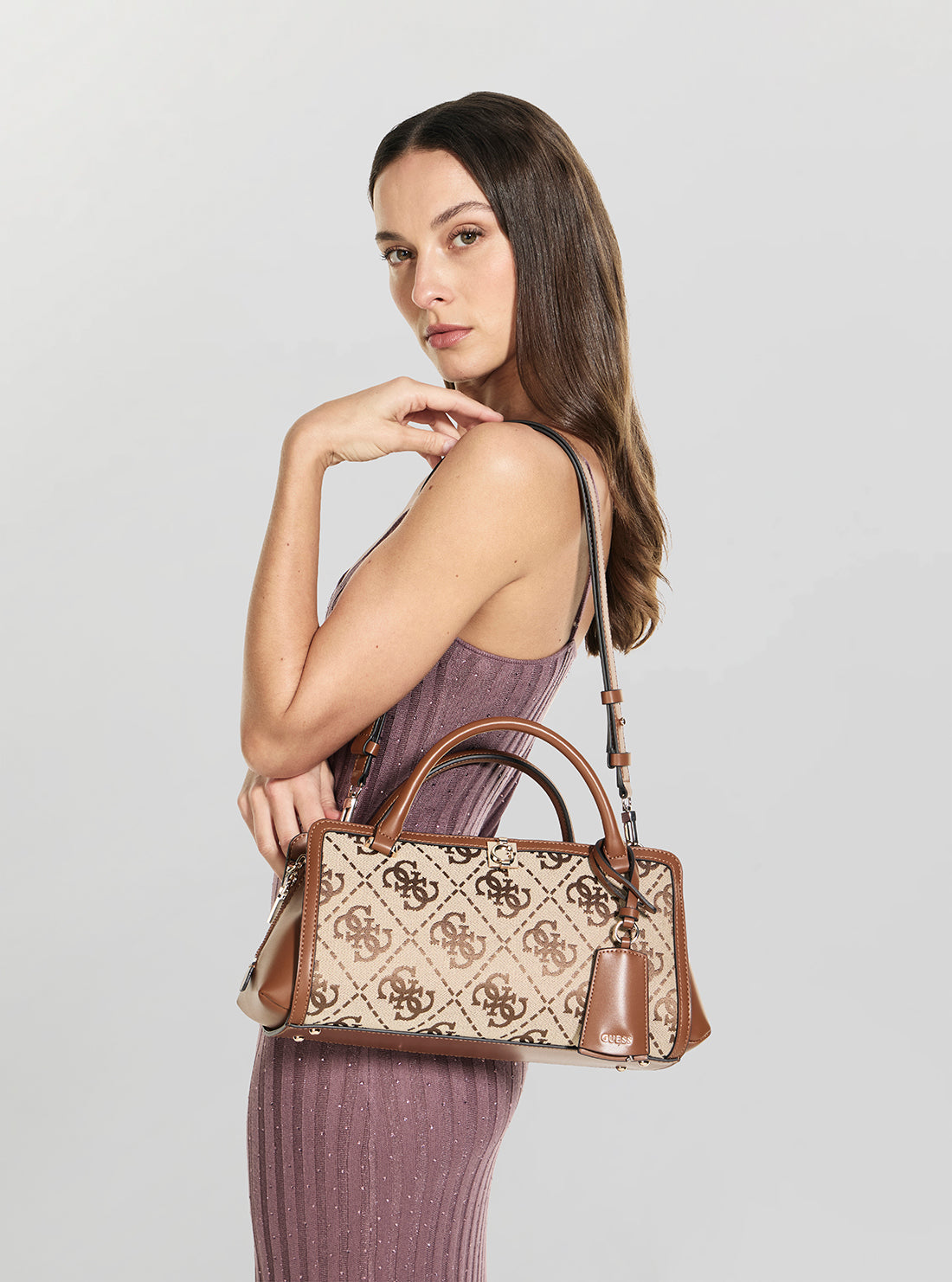 Brown Logo Audrey Small Girlfriend Satchel JG975506 Model View2