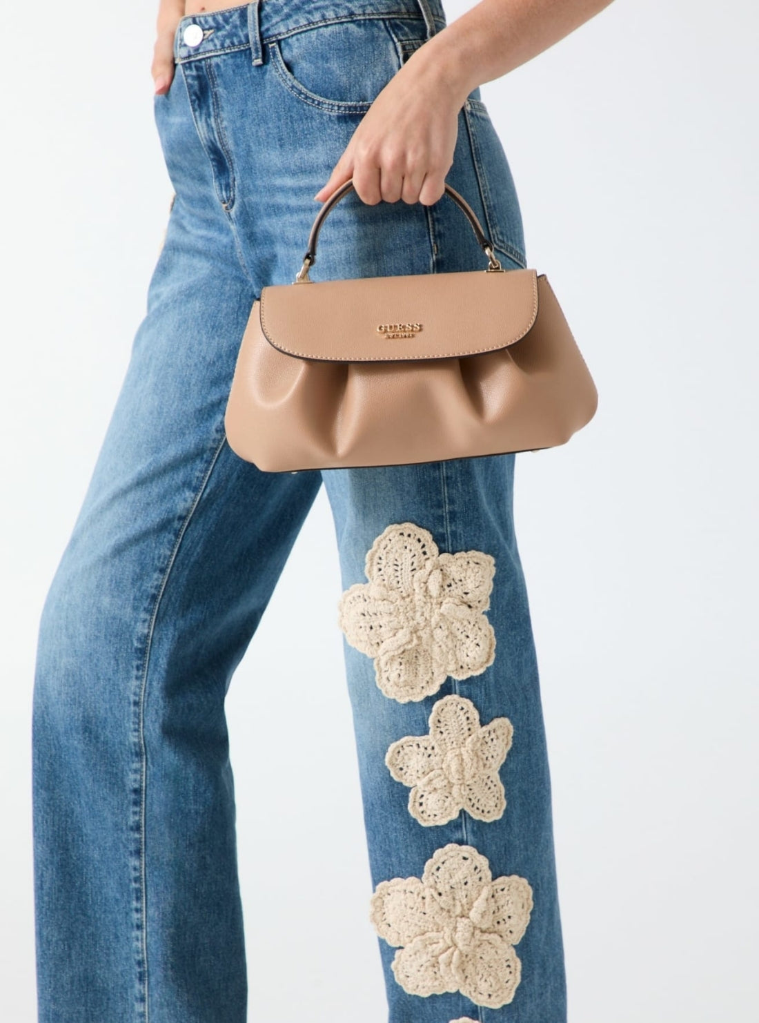 GUESS Womens Beige Amorette Top Handle Flap Bag BG789819 Model View