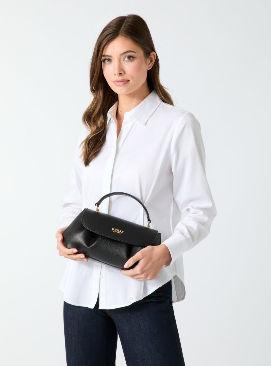 GUESS Womens Black Amorette Top Handle Flap Bag BG789819 Model View