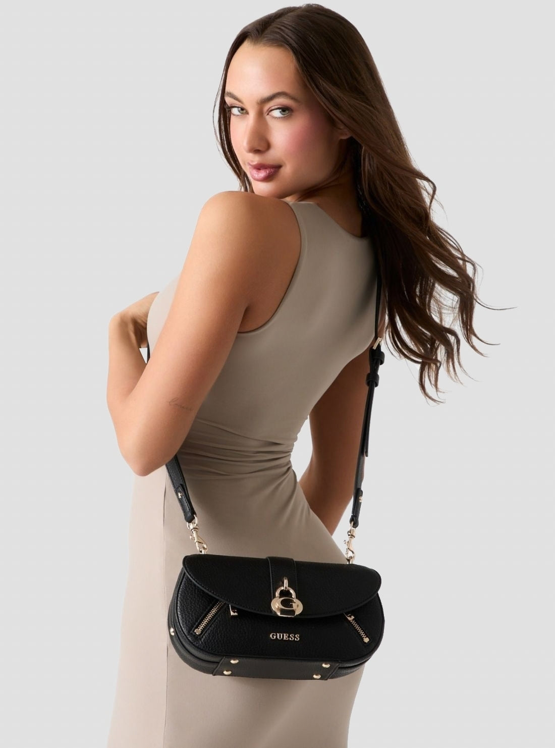 GUESS Womens Black Jessa Flap Crossbody Bag BG836220 Model View