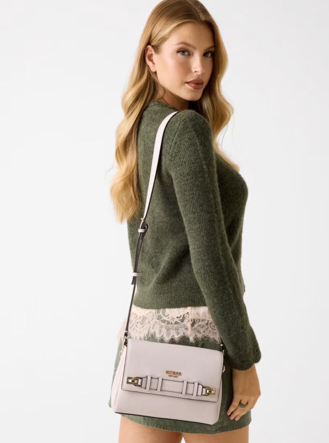 GUESS Womens Beige Gregoria Flap Crossbody Bag BG854620 Model View