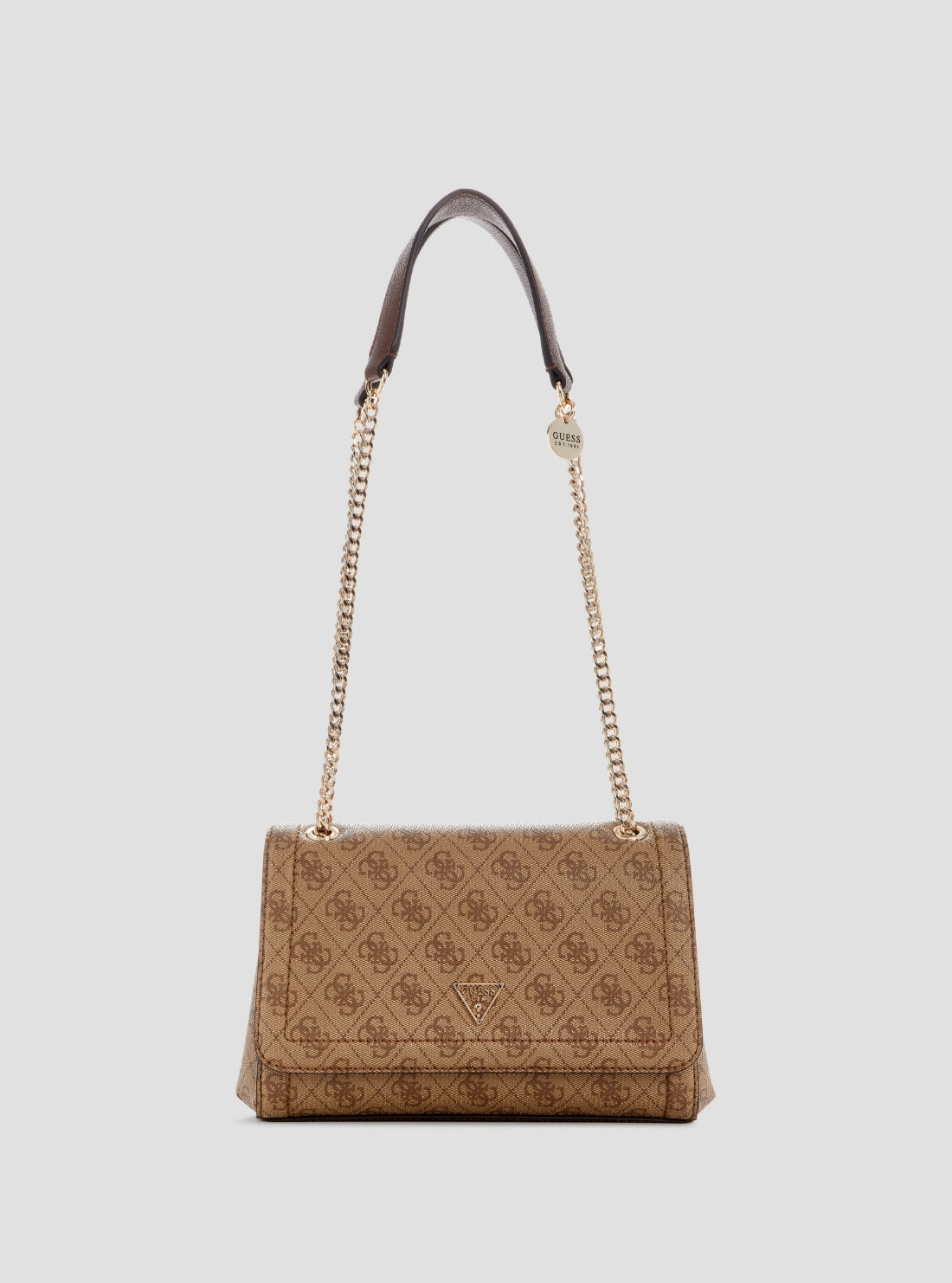 GUESS Womens Brown Logo Noelle Convertible Crossbody Flap Bag Front View