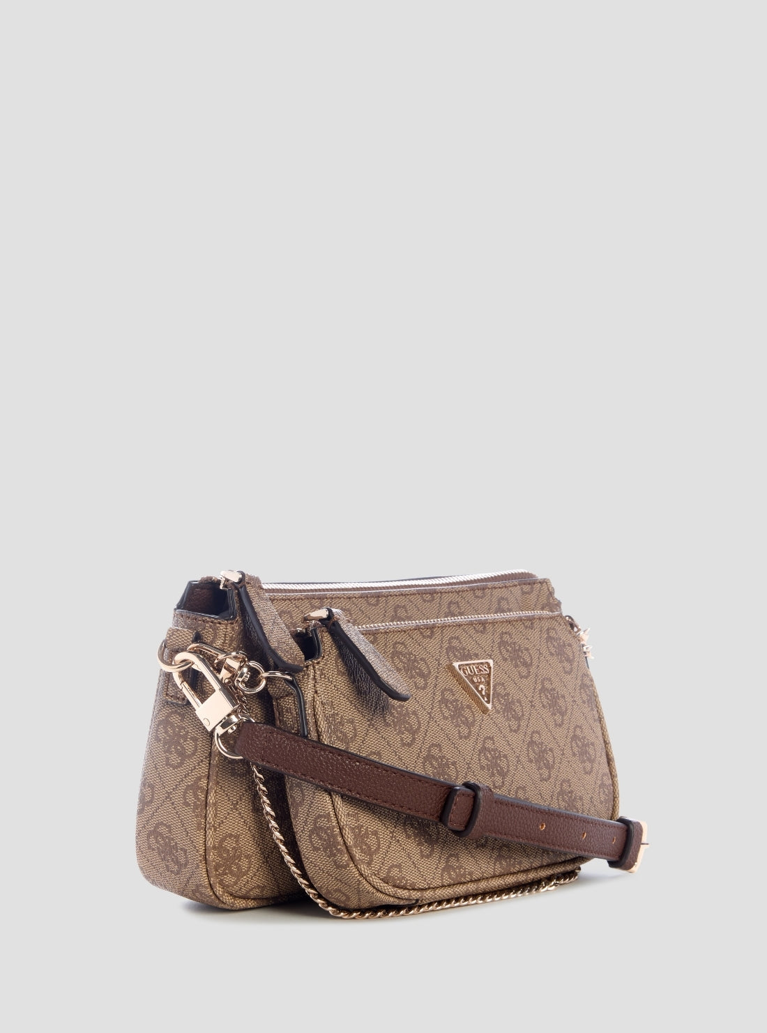 GUESS Womens Brown Logo Noelle Double Pouch Crossbody Bag BG967271 Front Side View
