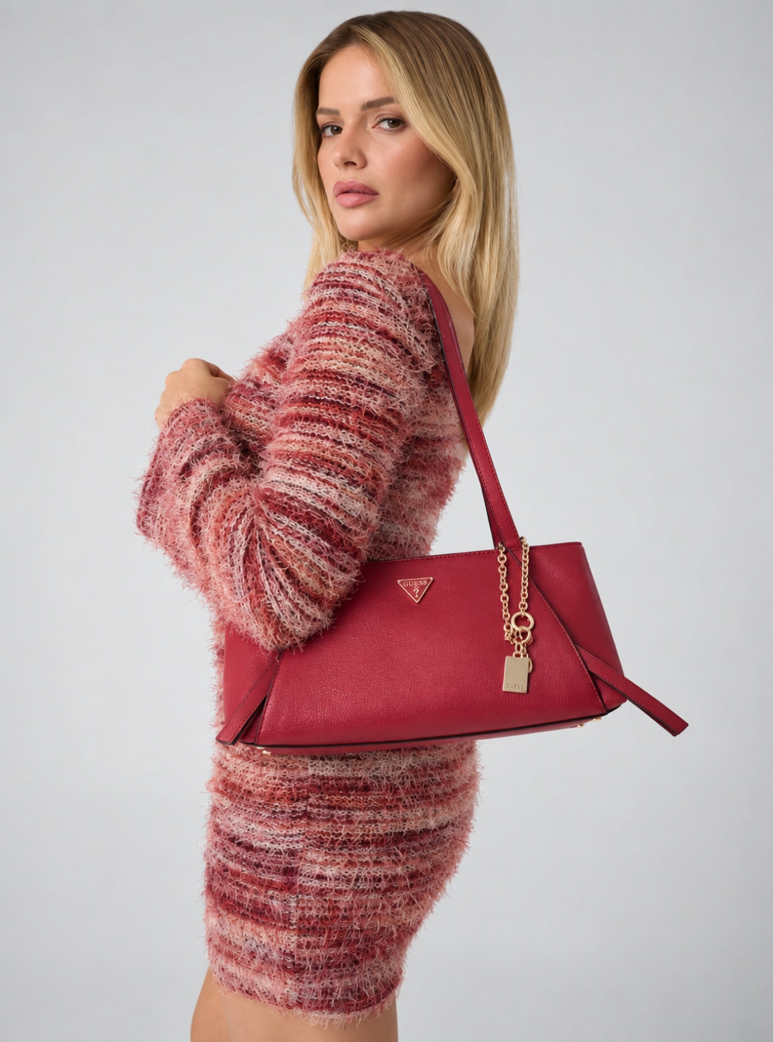 GUESS Womens Red Devon Shoulder Satchel Bag BG974509 Model View