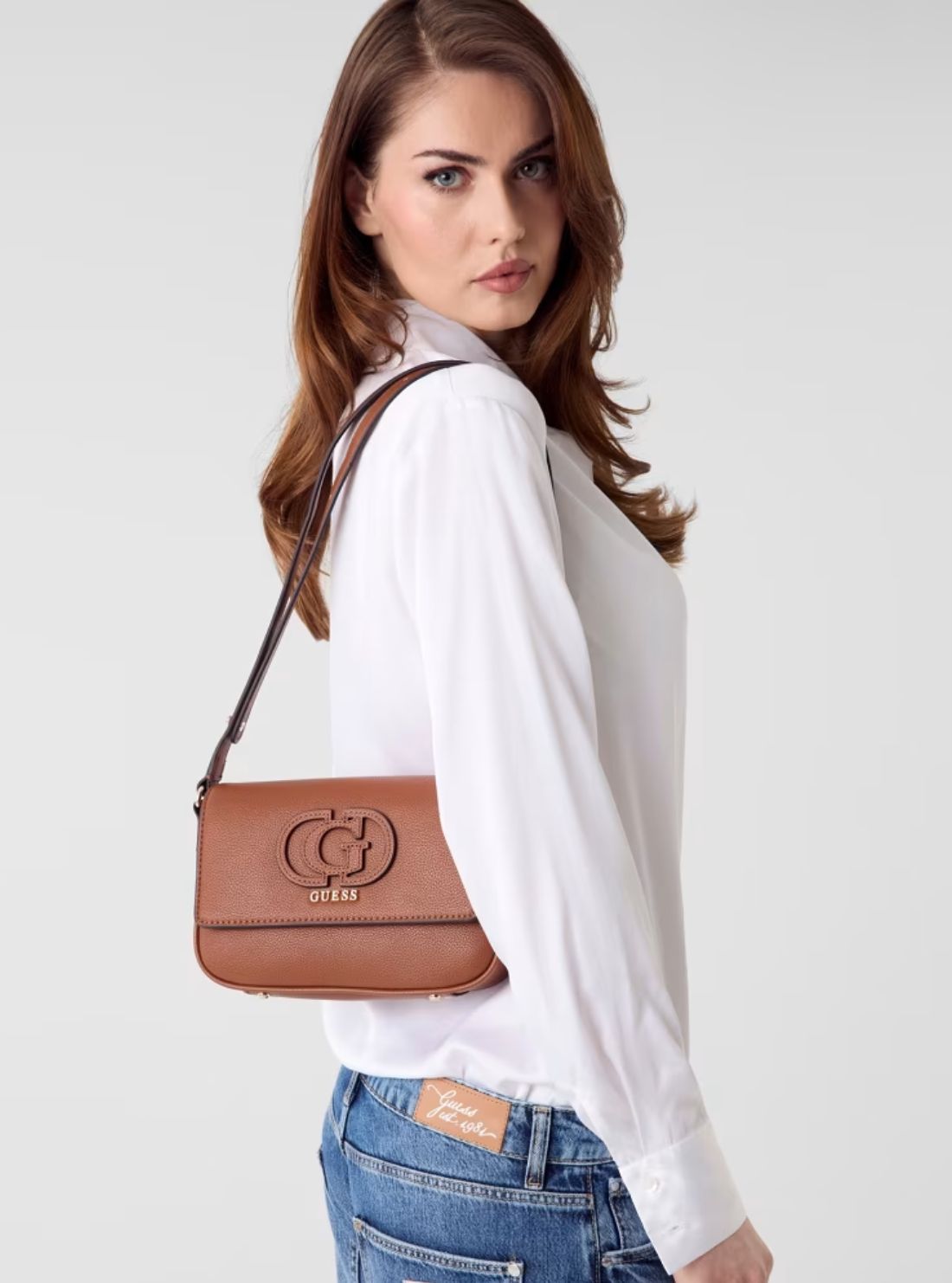 GUESS Womens Beige Isola Convertible Crossbody Flap Bag BG990521 Model View