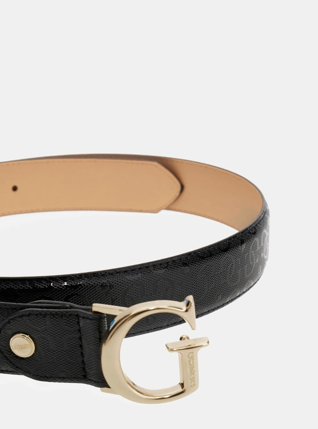 GUESS Accessories Black Logo Aldina Patent Belt BW9241P5335 Detail View