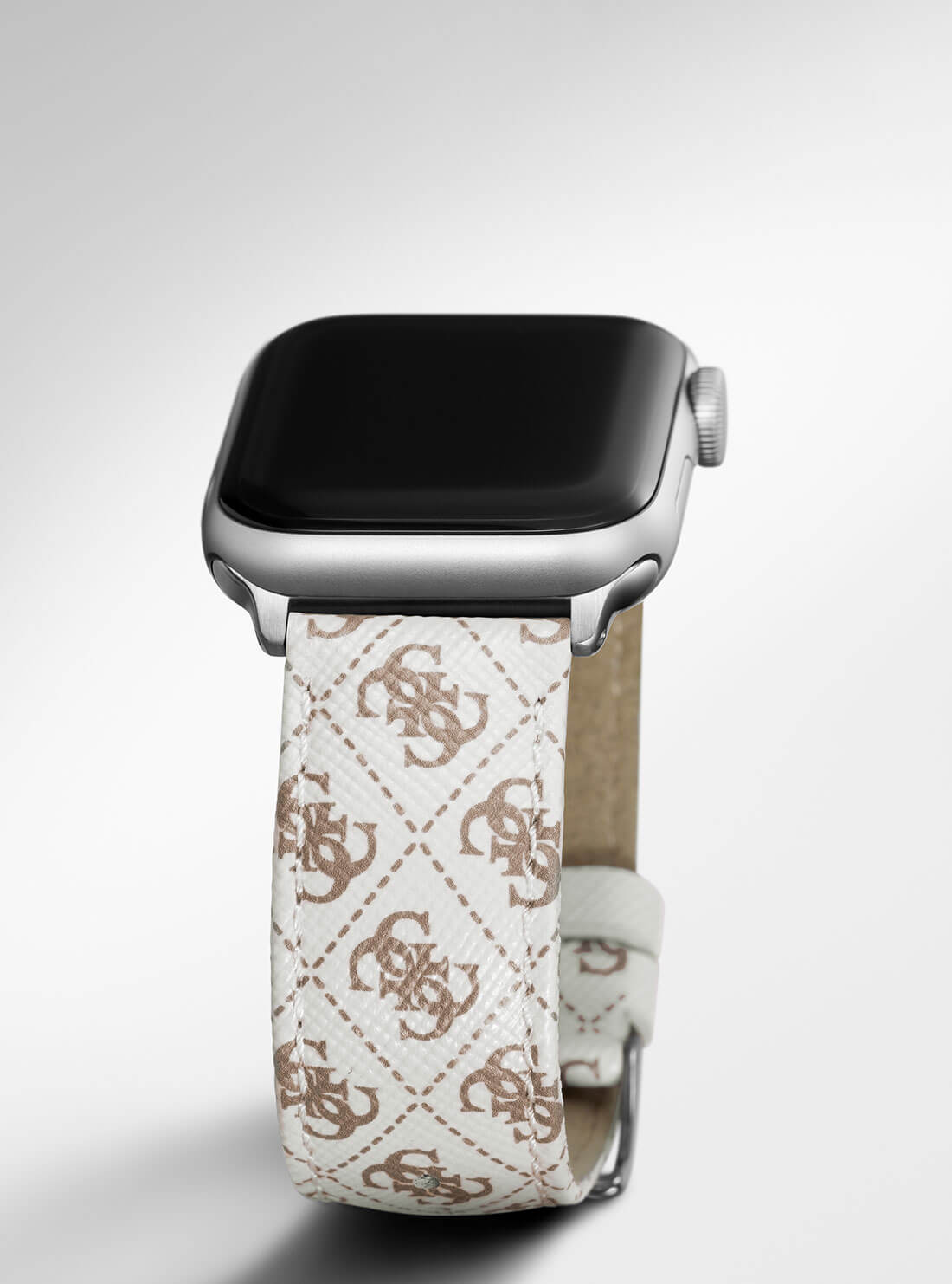 White Logo Leather Apple Strap (38-40MM) | GUESS Women's Accessories |  detail view