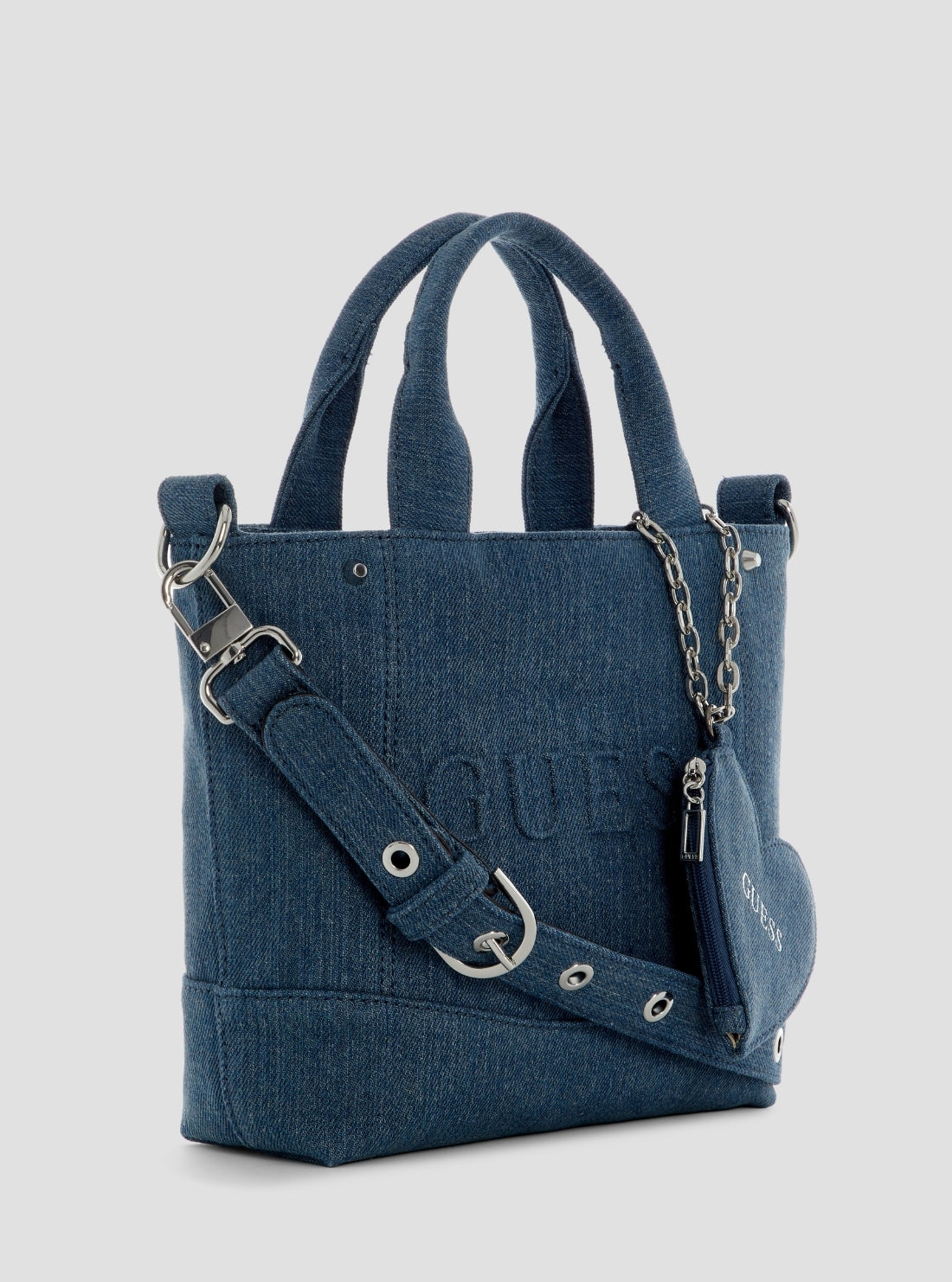 GUESS Womens Blue Sasha Denim Mini Tote Bag DY975175 Side View