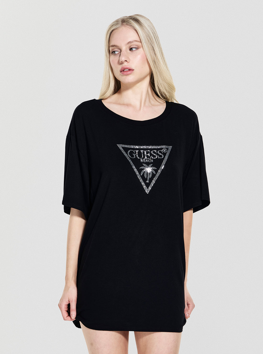 GUESS Womens Eco Black Triangle Strass Maxi T-Shirt E4GI00K68D2 Front View
