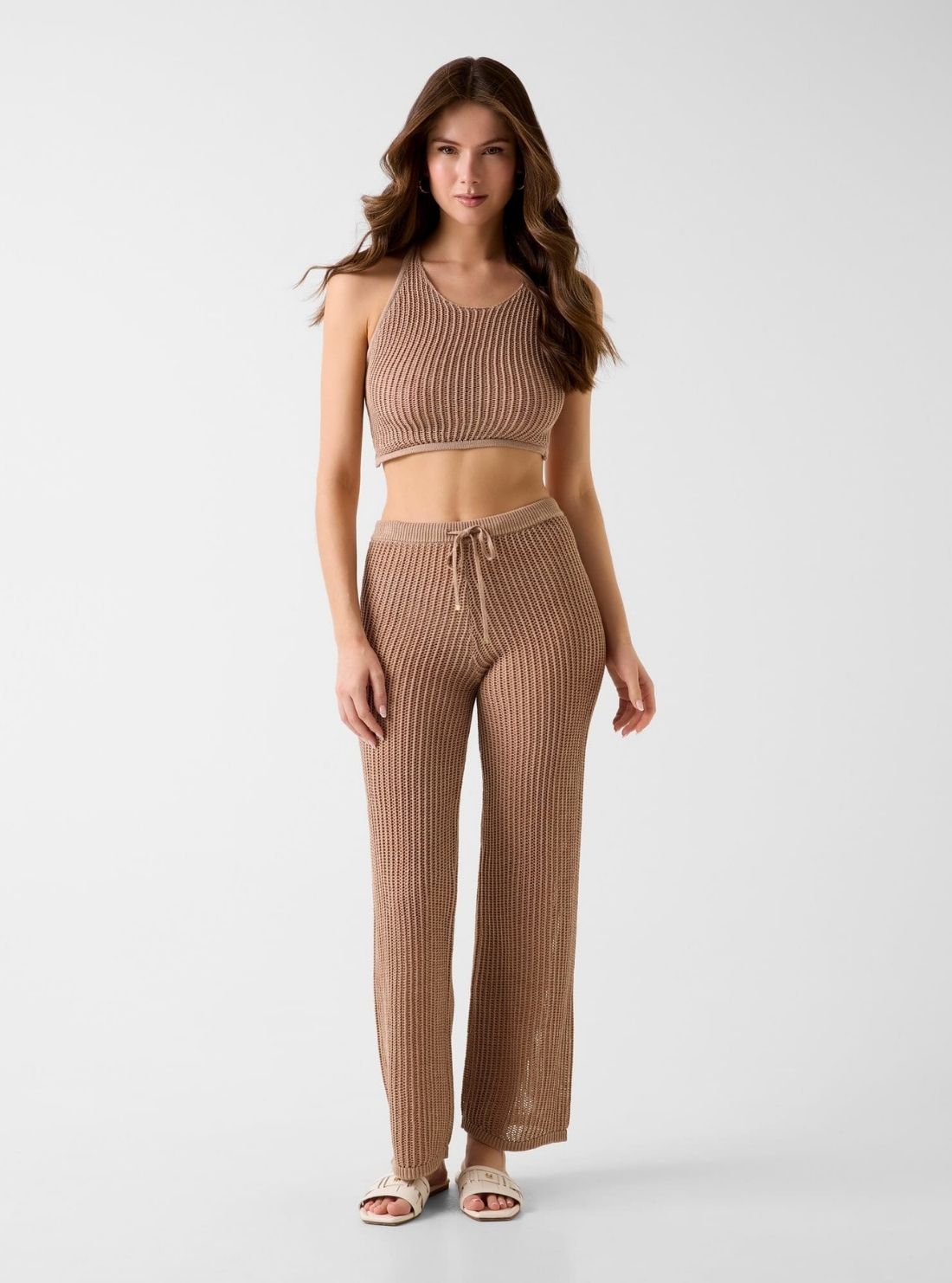 GUESS Womens Eco Beige Aura Net Stitch Top Sweater E6GR00Z5371 Full View