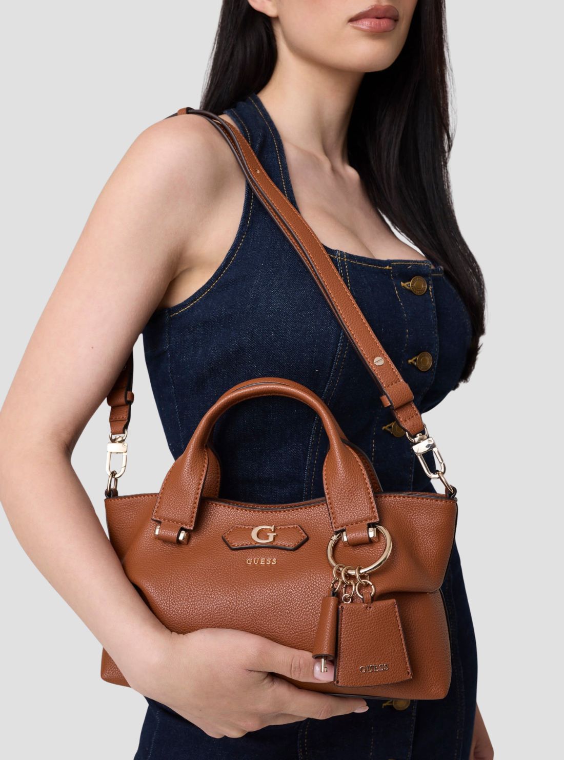 GUESS Womens Cognac Suzy Mini Compartment Satchel Bag BG232276 Model View