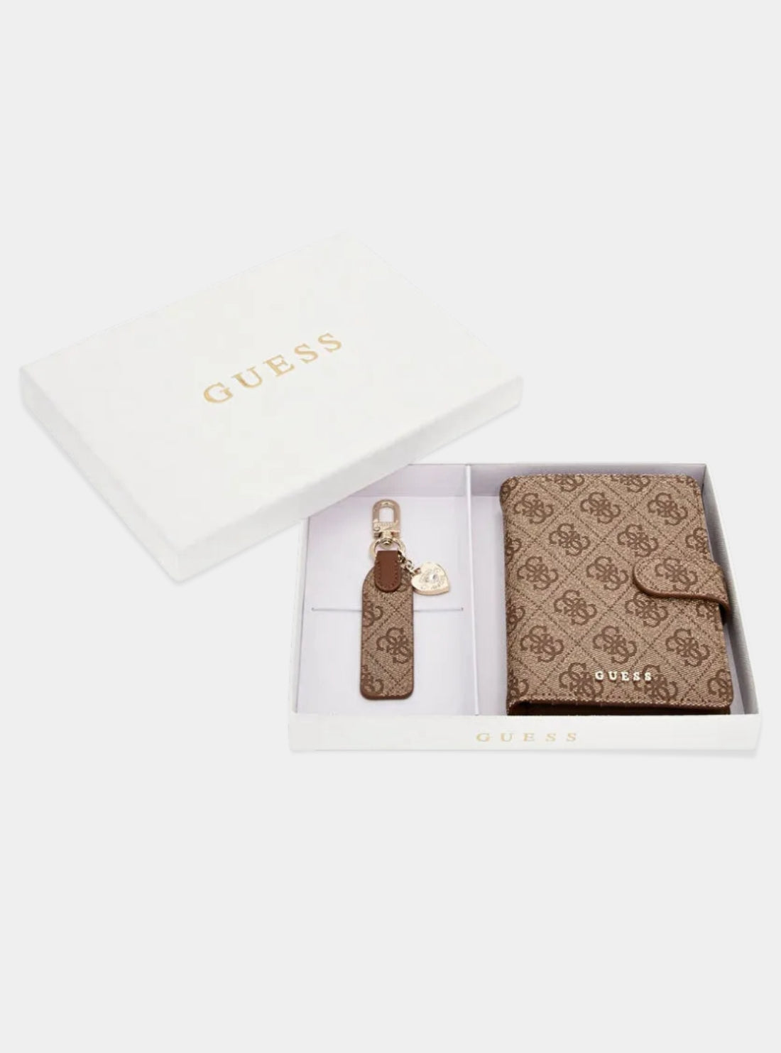 GUESS Accessories Brown Logo Passport Case Keyring Gift Set GFBOXWP5402 Packaging View_2