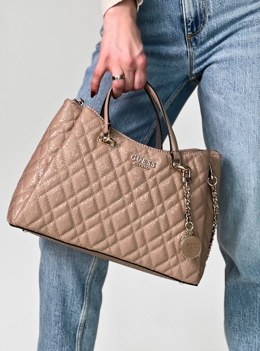 GUESS Womens Beige Isemay Girlfriend Shoulder Satchel Bag GG962806 Model View