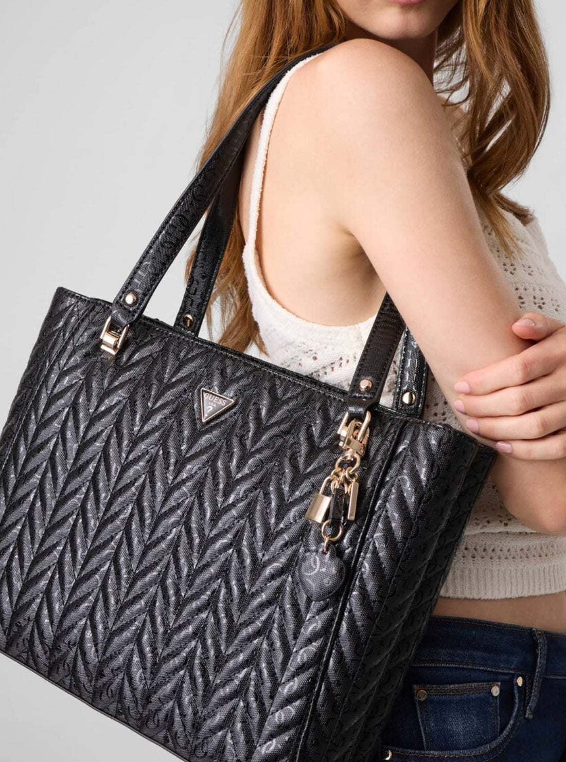 GUESS Womens Black Stacey Noel Tote Bag GG974125 Model View