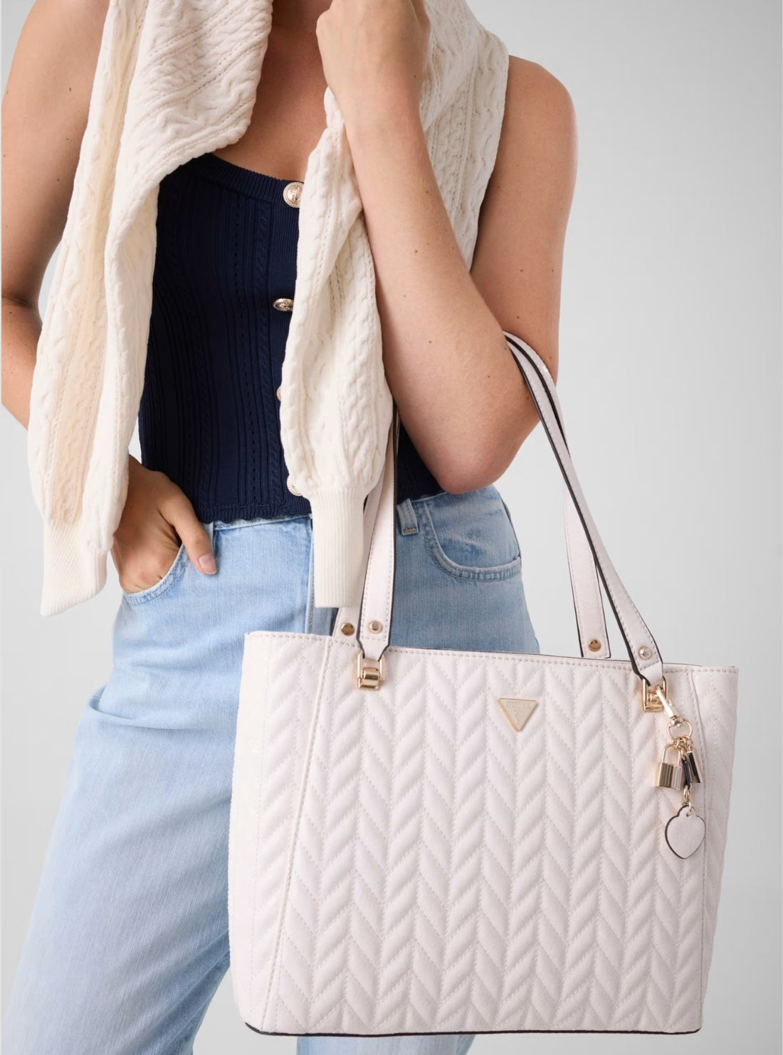 GUESS Womens Off-White Stacey Noel Tote Bag GG974125 Model View