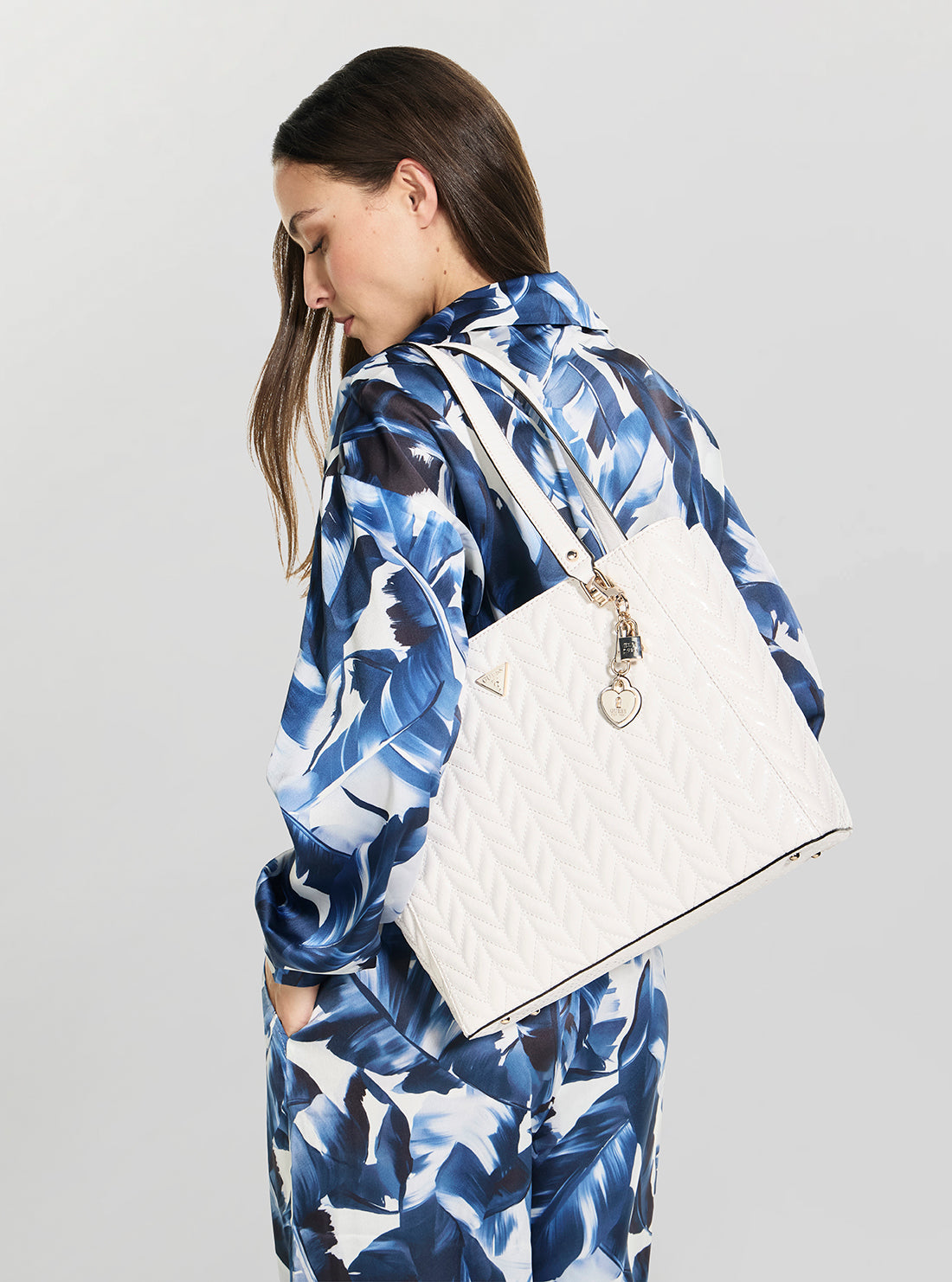 GUESS Womens Off-White Stacey Noel Tote Bag GG974125 Model View