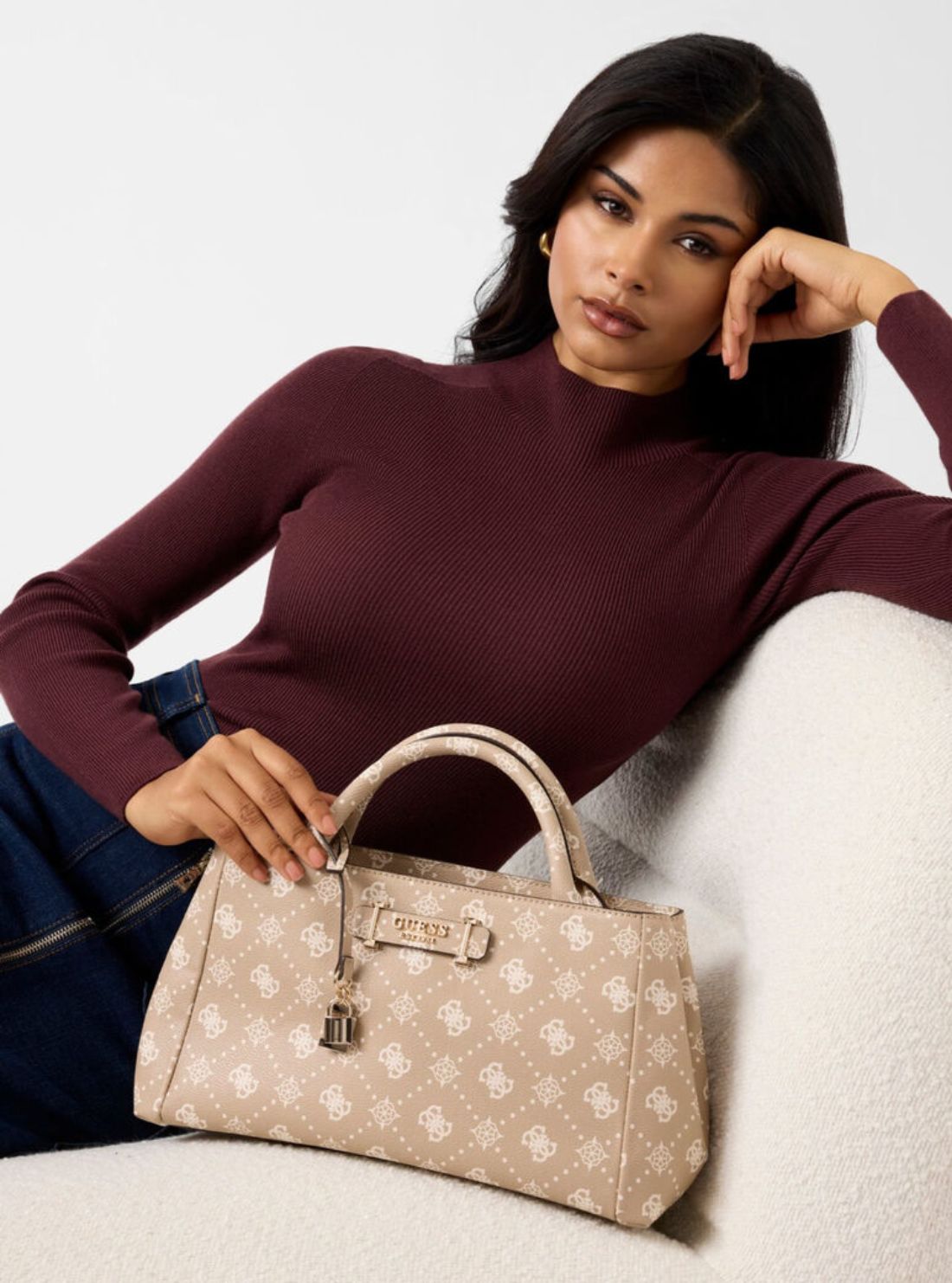 GUESS Womens Beige Logo Carrie Girlfriend Satchel Bag GP989806 Model View