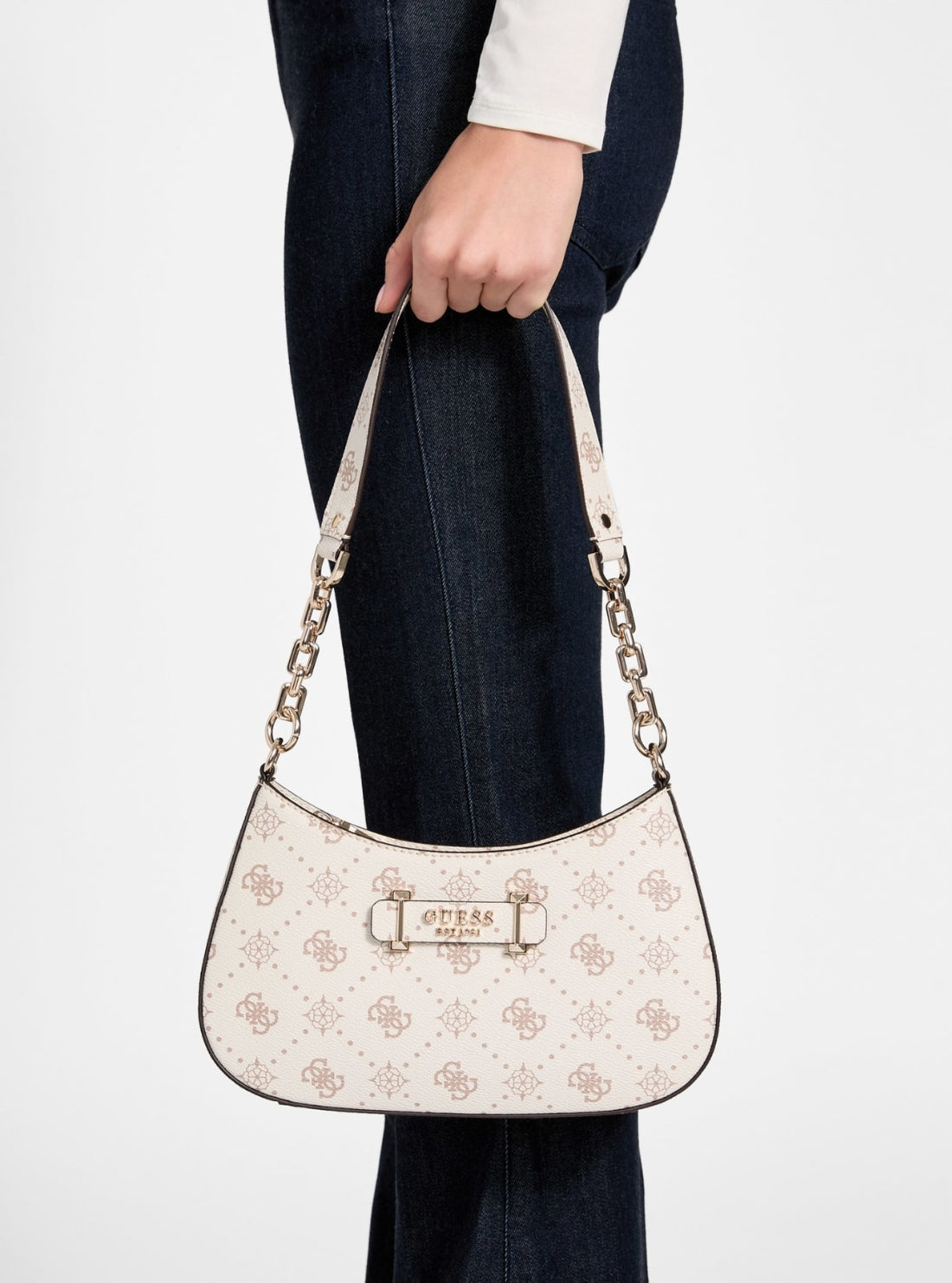 GUESS Womens White Logo Carrie Top Zip Shoulder Bag GP989818 Model View