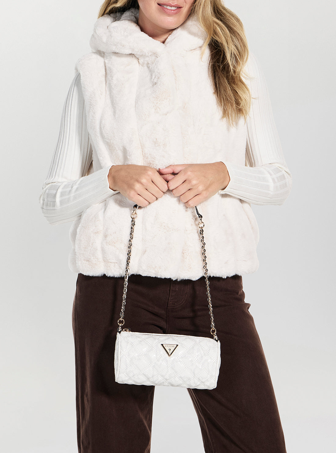 GUESS Womens Off-White Giully Mini Barrel Bag KG967372 Model View
