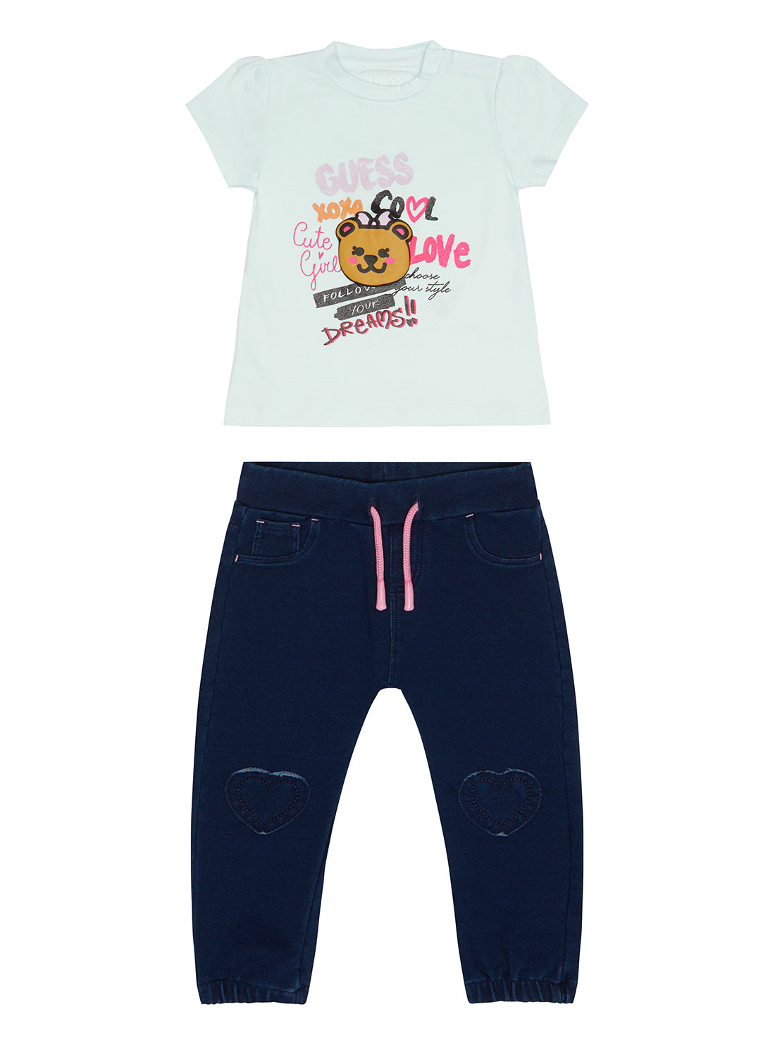 GUESS Baby Girl Bebe Blue T-Shirt And Denim Pants 2-Piece Set (0-12m) A3RG02K6YW3 Front View