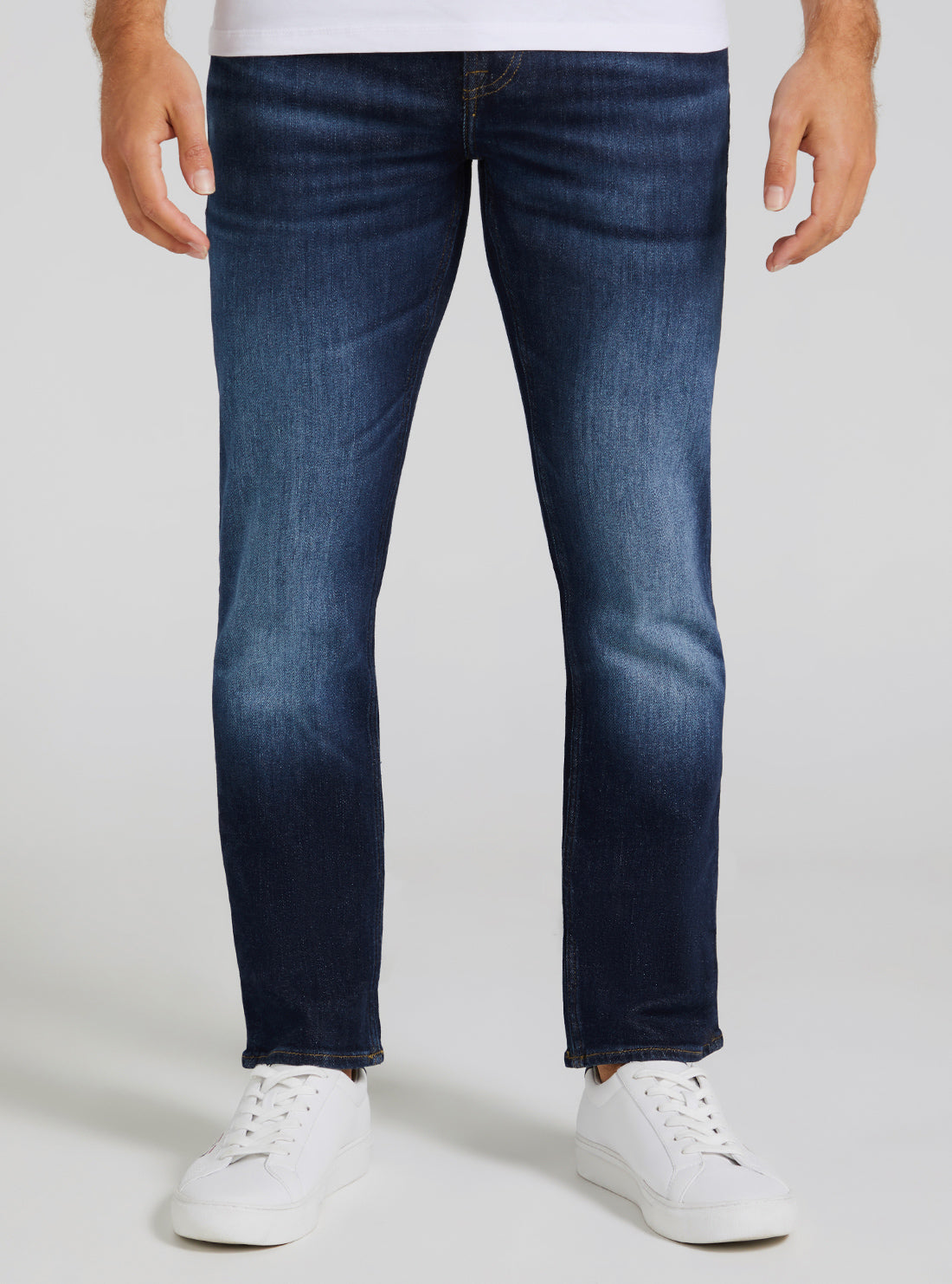 GUESS Men's Eco Low Rise Skinny Fit Angels Denim Jeans In Carry Dark Wash M2YAN2D4Q41 Close View