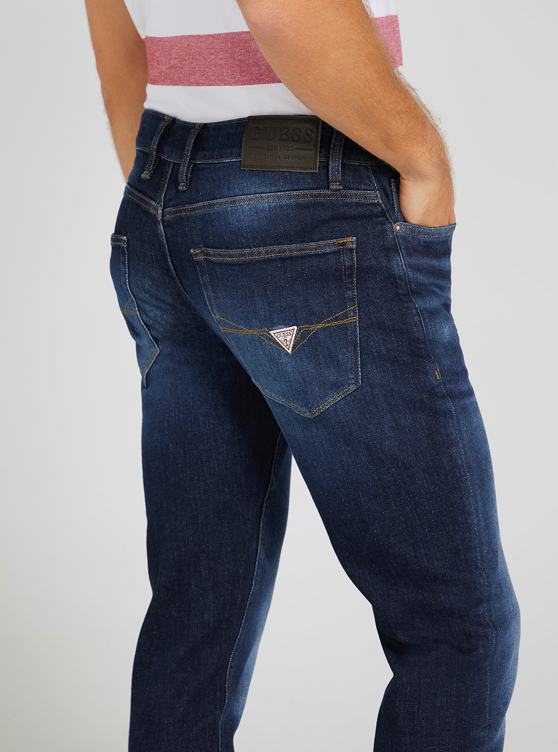GUESS Men's Eco Low Rise Skinny Fit Angels Denim Jeans In Carry Dark Wash M2YAN2D4Q41 Detail View