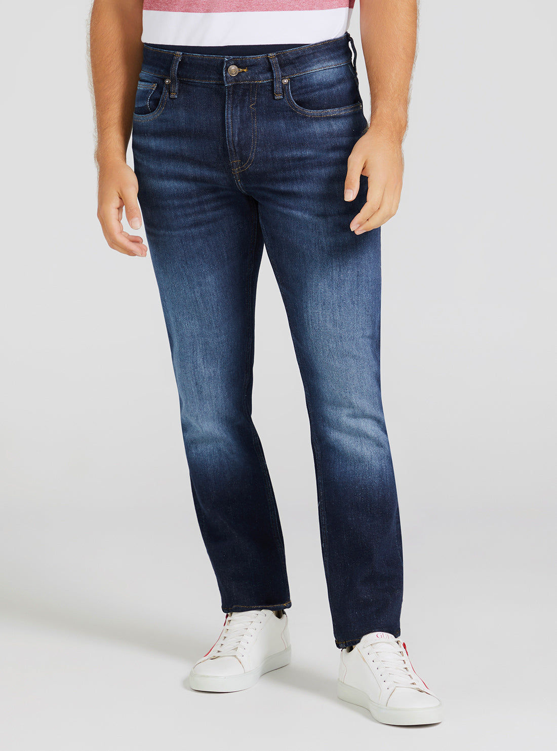GUESS Men's Eco Low Rise Skinny Fit Angels Denim Jeans In Carry Dark Wash M2YAN2D4Q41 Front View