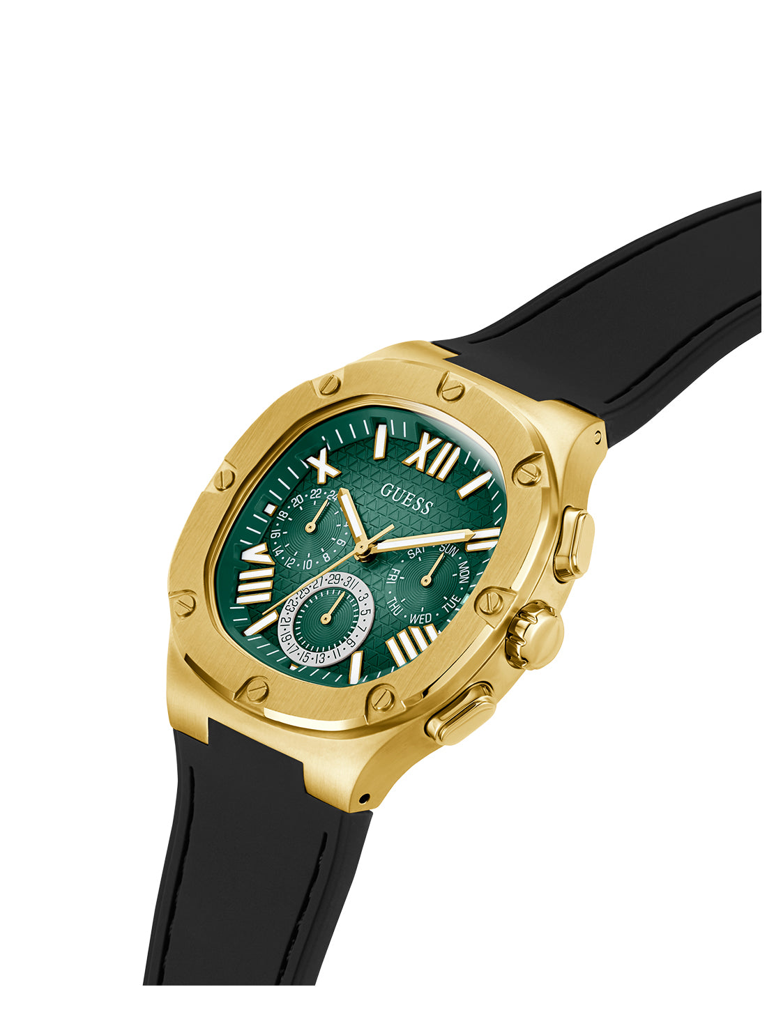 GUESS Men's Green Gold Headline Silicone Watch GW0571G3 Angle View