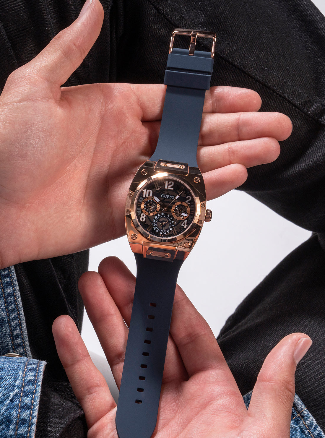 GUESS Men's Rose Gold Navy Prodigy Watch GW0569G3 Hand View
