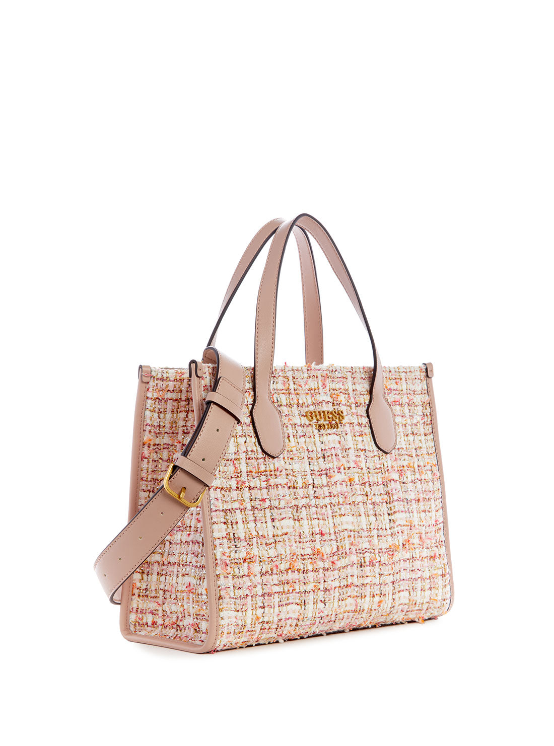 GUESS Women's Ash Rose Tweed Silvana Tote Bag TR866522 Angle View