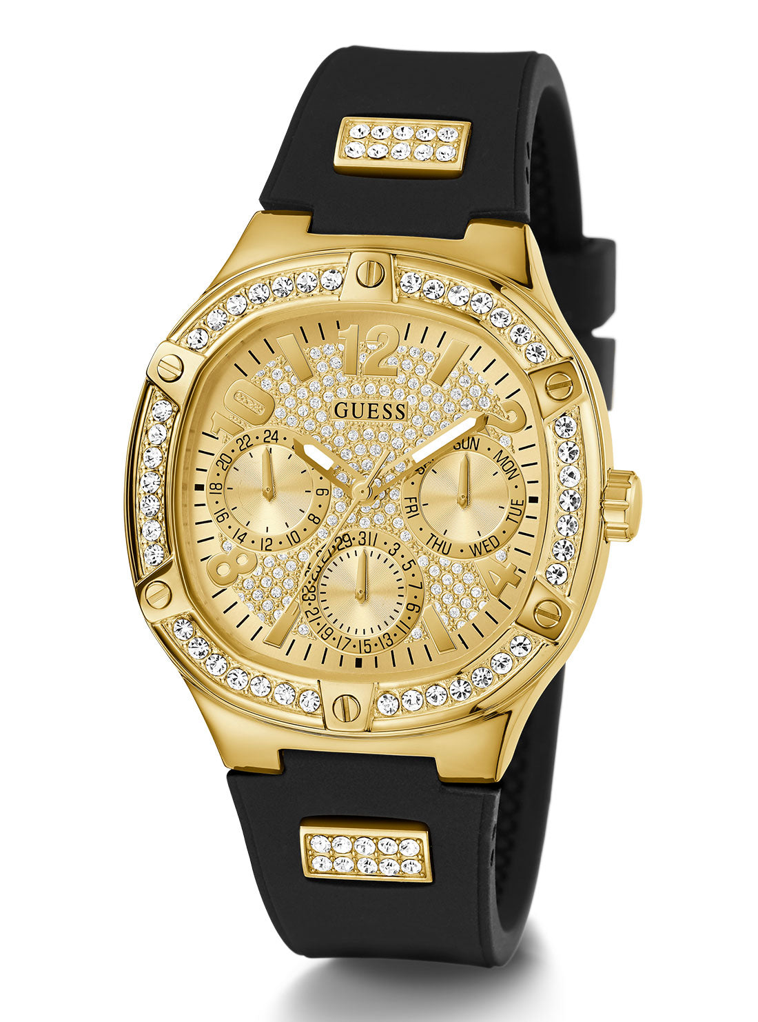 GUESS Women's Black Champagne Duchess Crystal Silicone Watch GW0619L2 Full View
