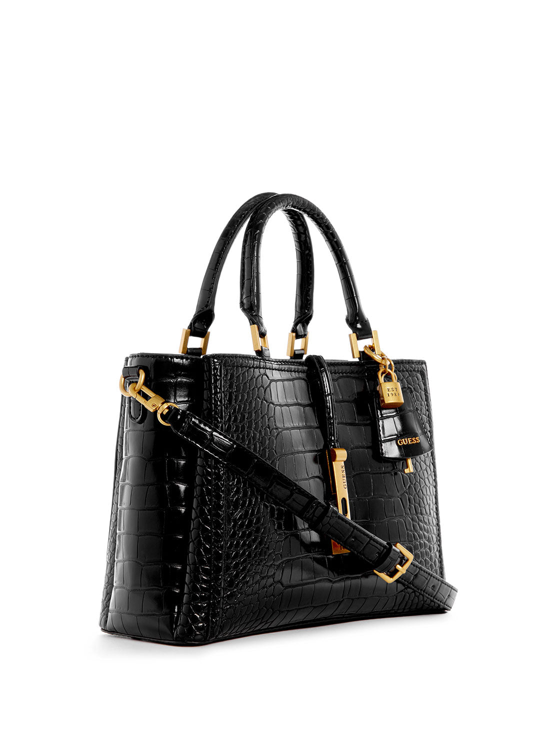 GUESS Women's Black James Croco Girlfriend Satchel Bag CA877306 Angle View