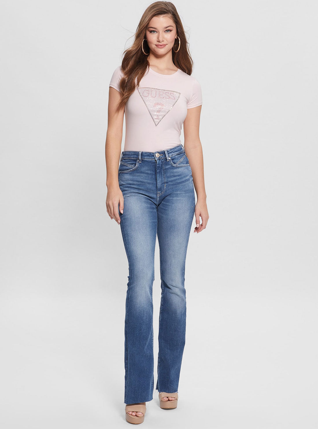 GUESS Women's Eco Pink Crystal Logo T-Shirt W3RI05KA0Q1 Full View