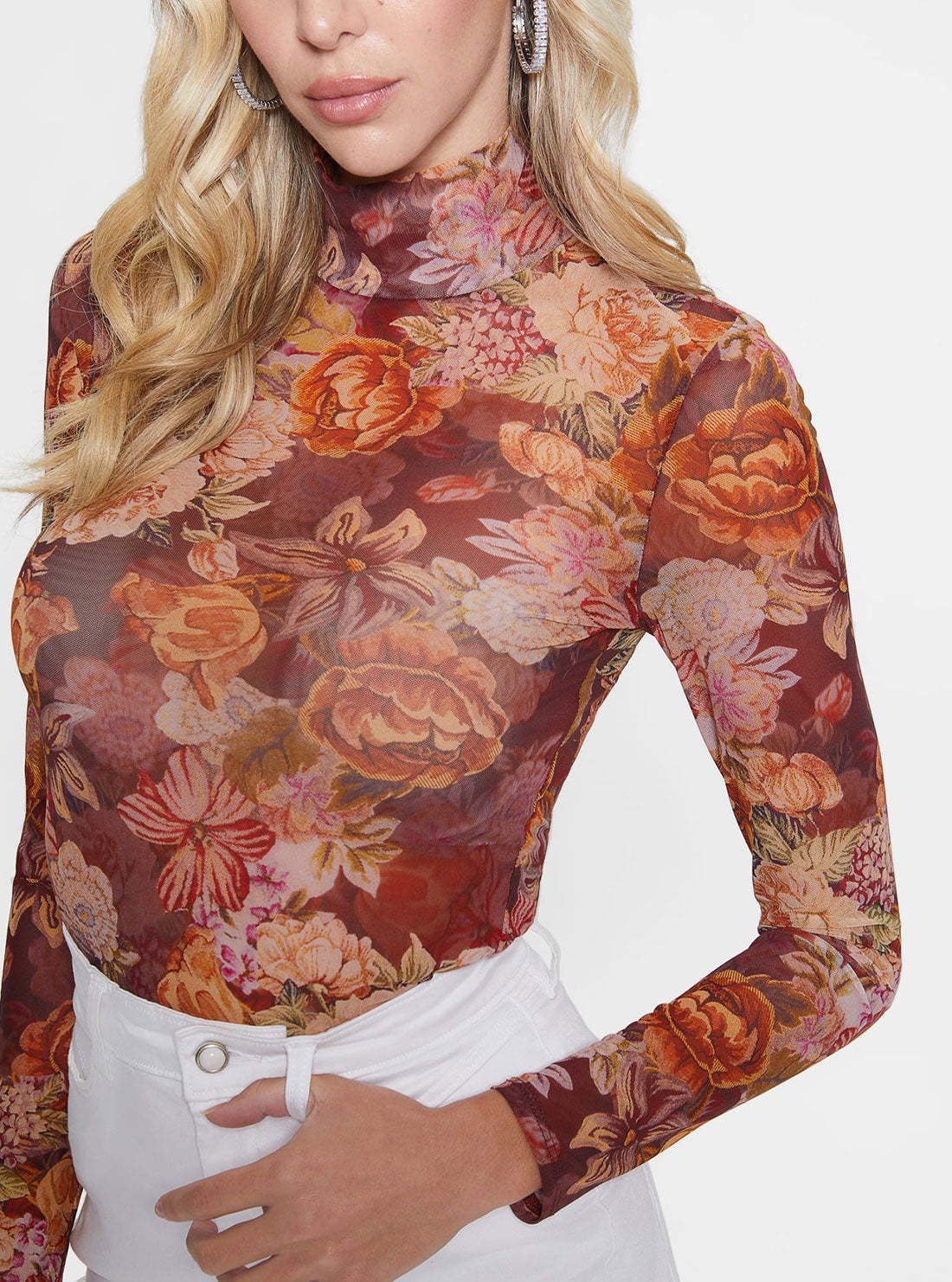 GUESS Women's Floral Tapestry Print Kamaria Top W3RP46KBAH2 Detail View