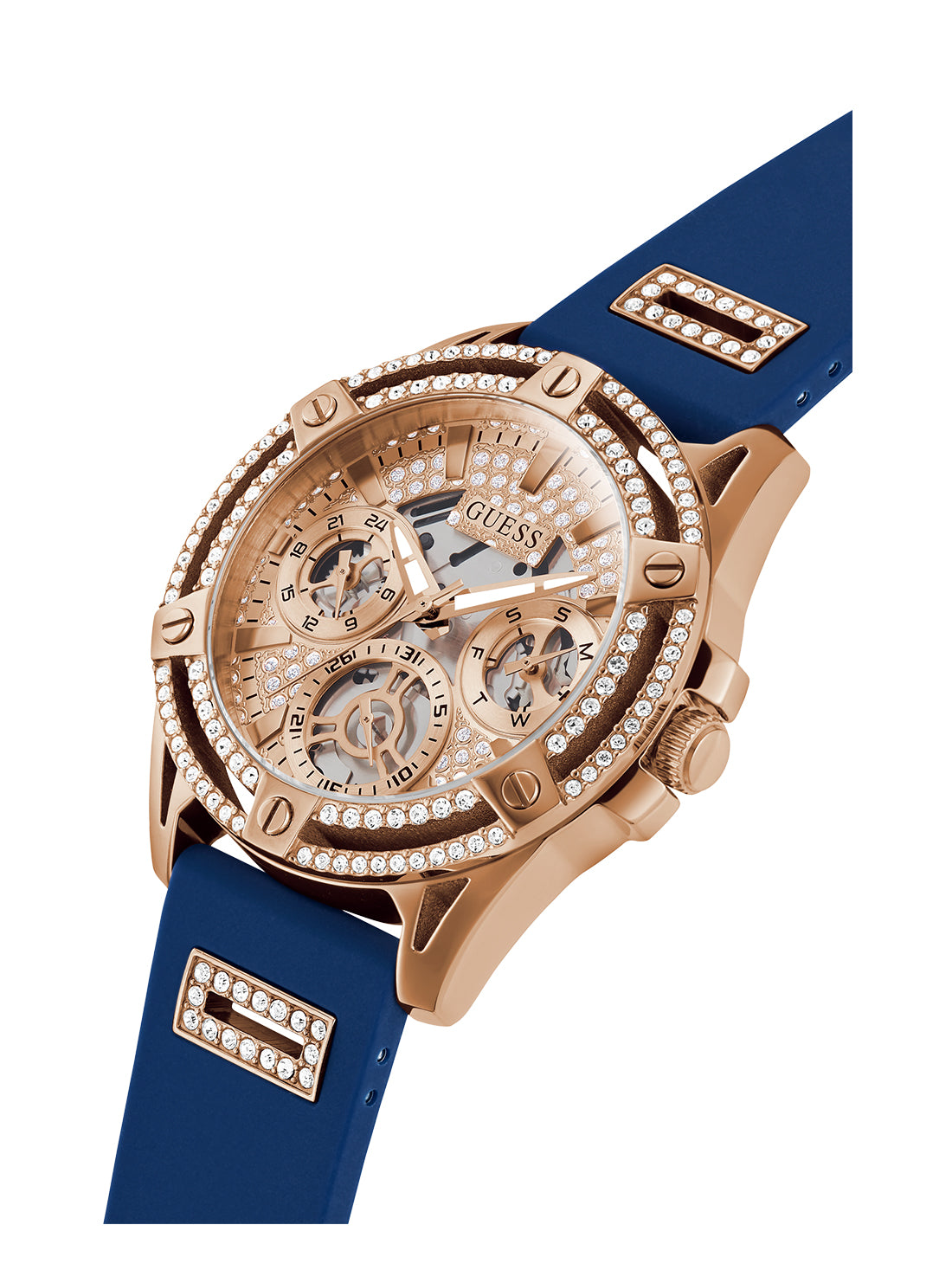 GUESS Women's Rose Gold Blue Queen Silicone Watch GW0536L5 Angle View
