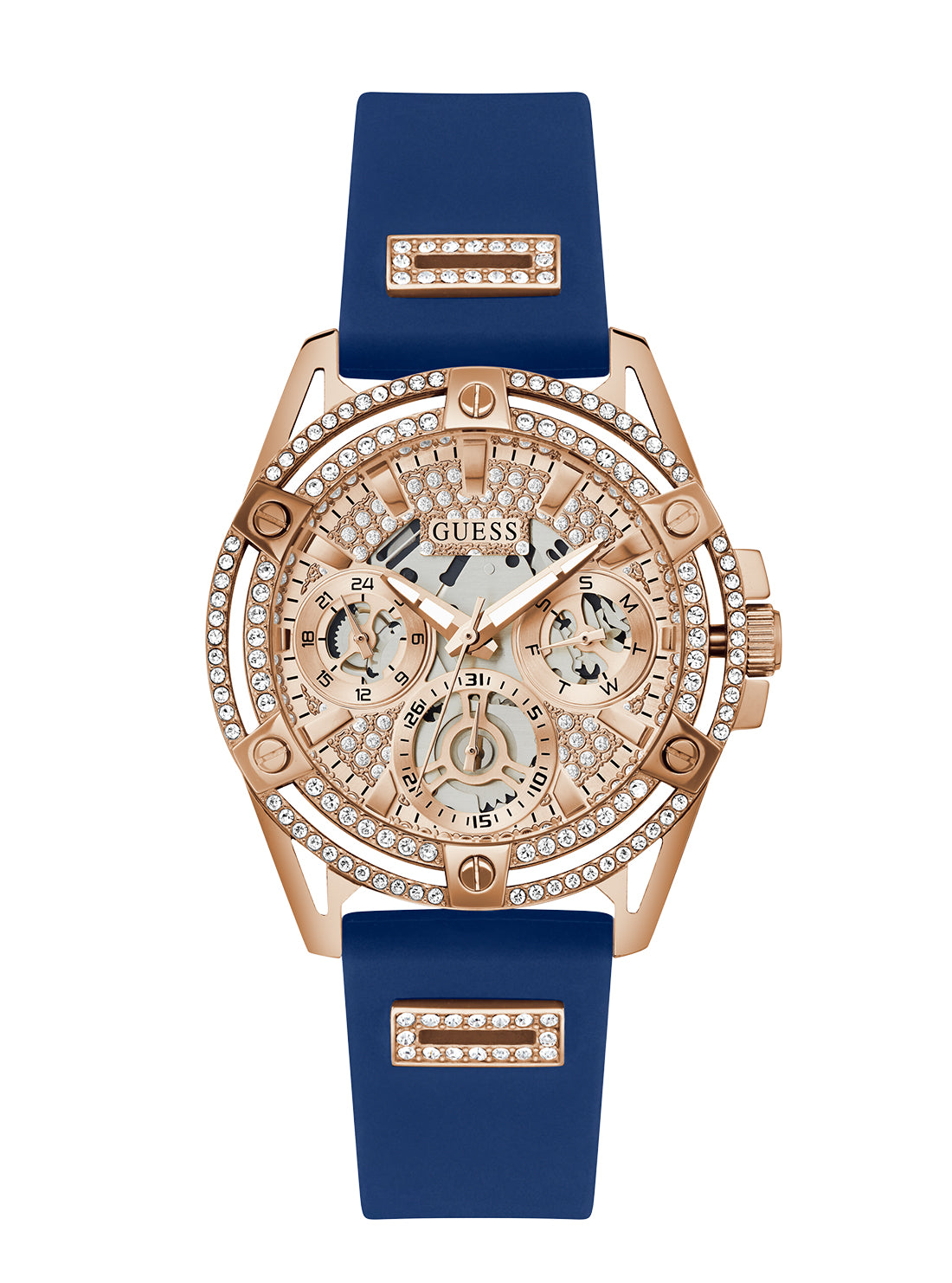 GUESS Women's Rose Gold Blue Queen Silicone Watch GW0536L5 Front View