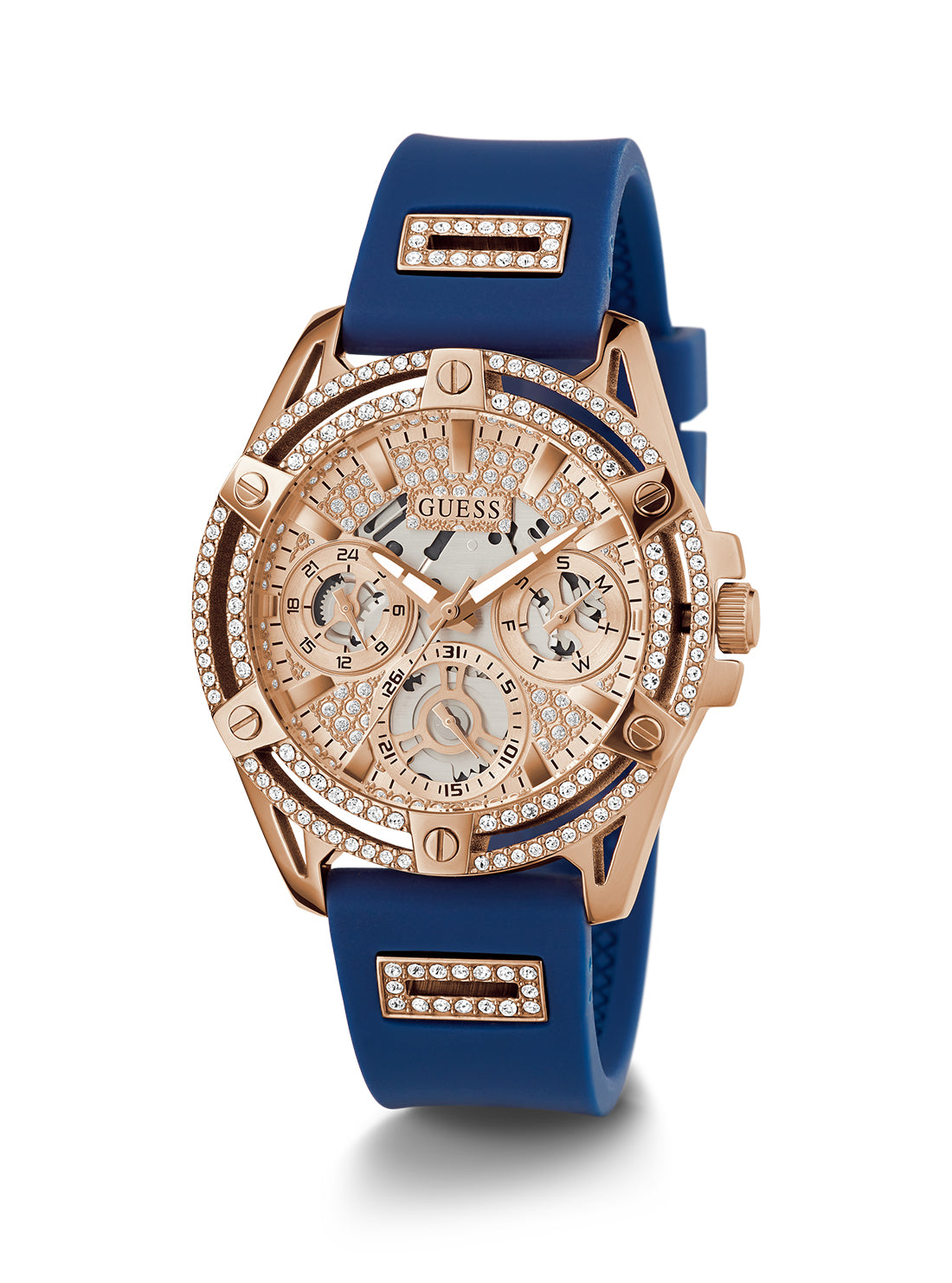 GUESS Women's Rose Gold Blue Queen Silicone Watch GW0536L5 Full View