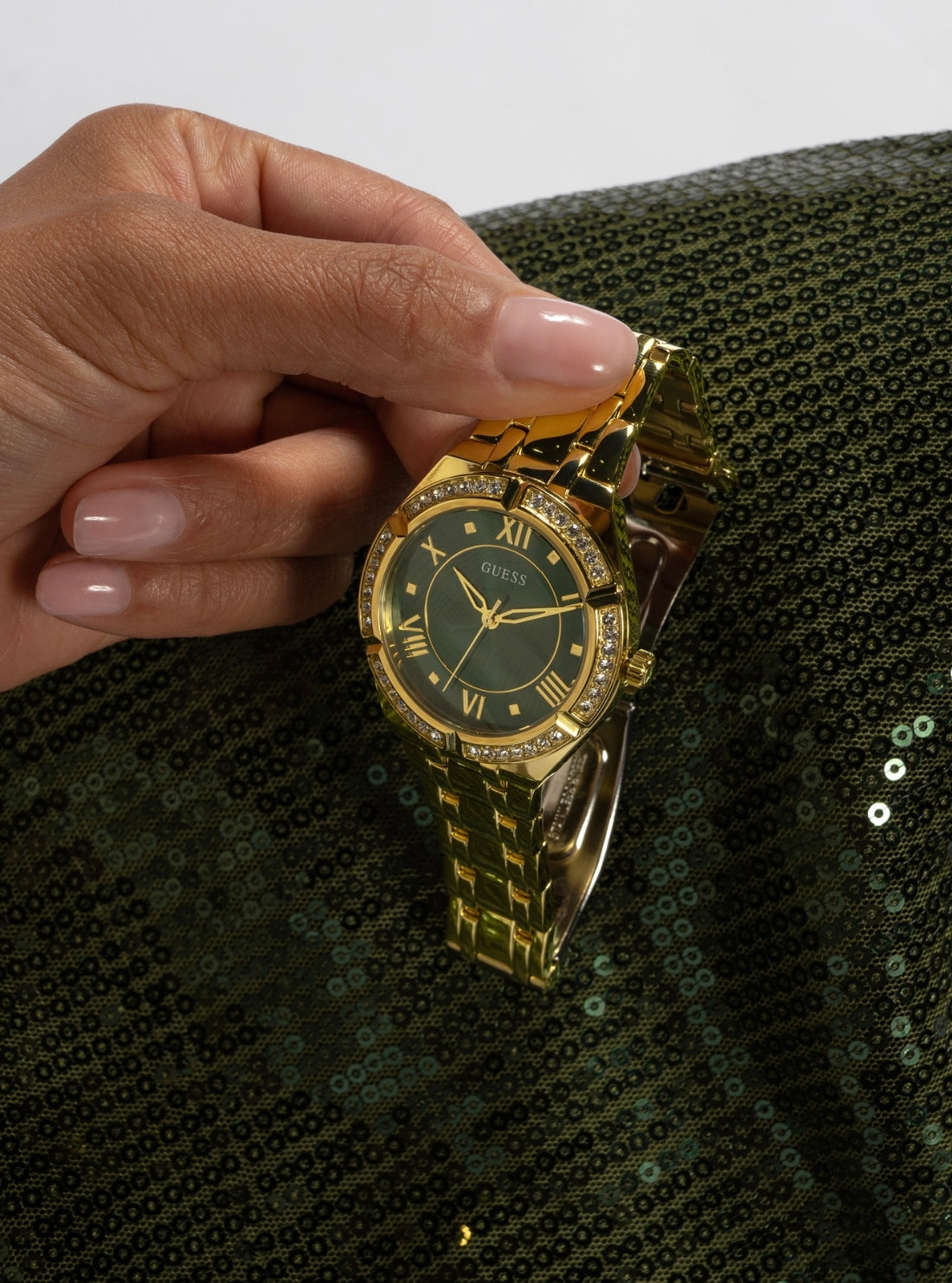 GUESS Accessories Gold Cosmo Green Crystal Watch GW0033L8 Detail View_2
