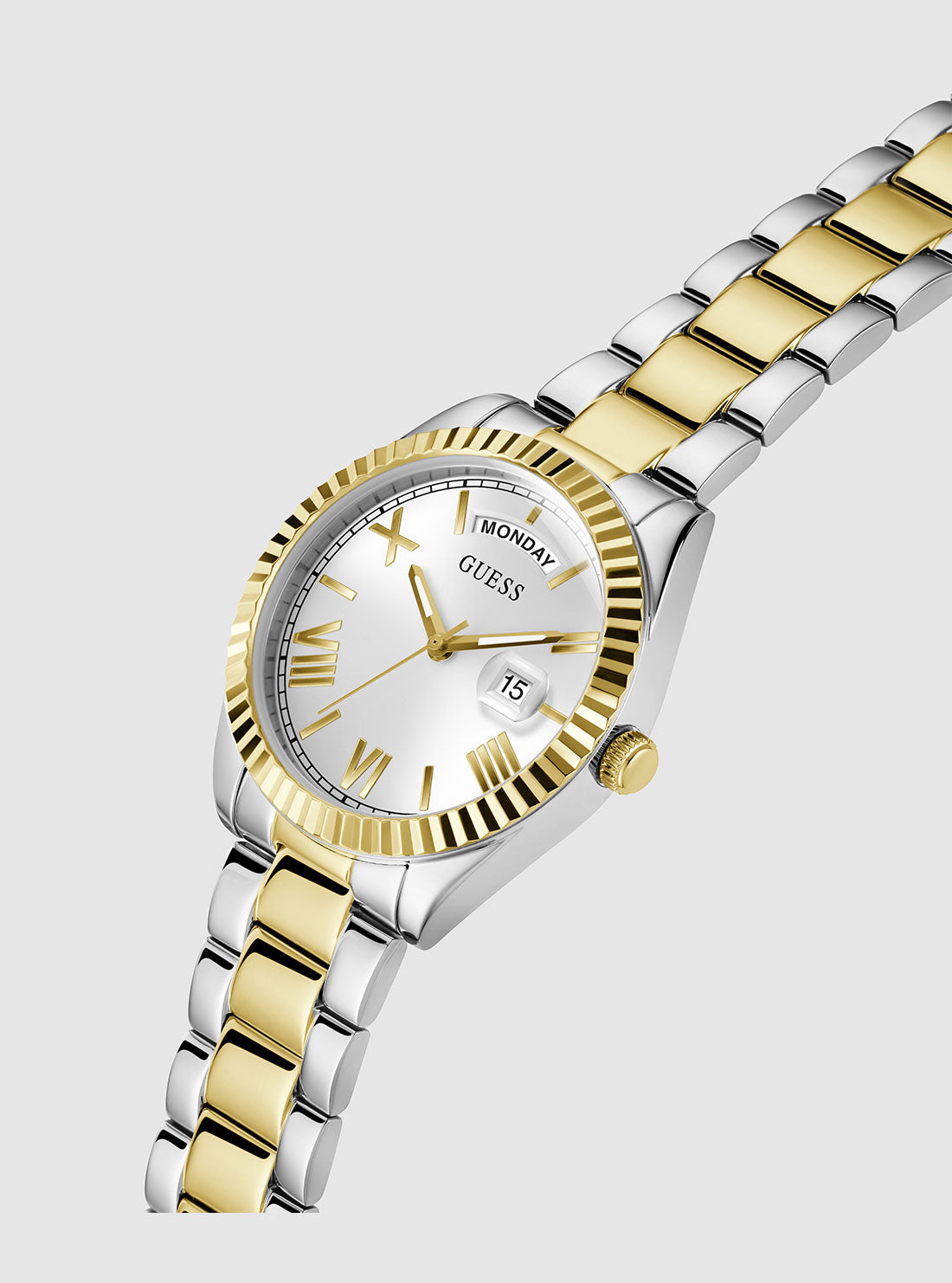 GUESS Accessories Gold Silver Luna Link Watch GW0308L6-1 Front Side View