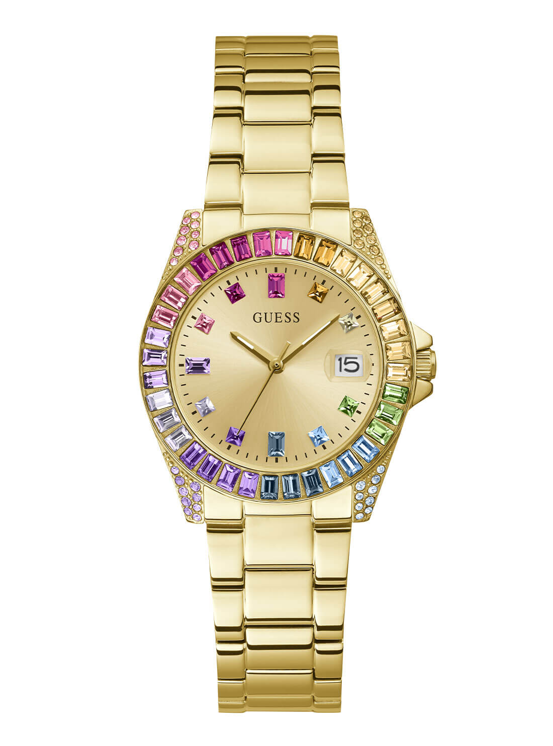 Gold Opaline Multi Crystal Link Watch | GUESS Women's Watches | Front view