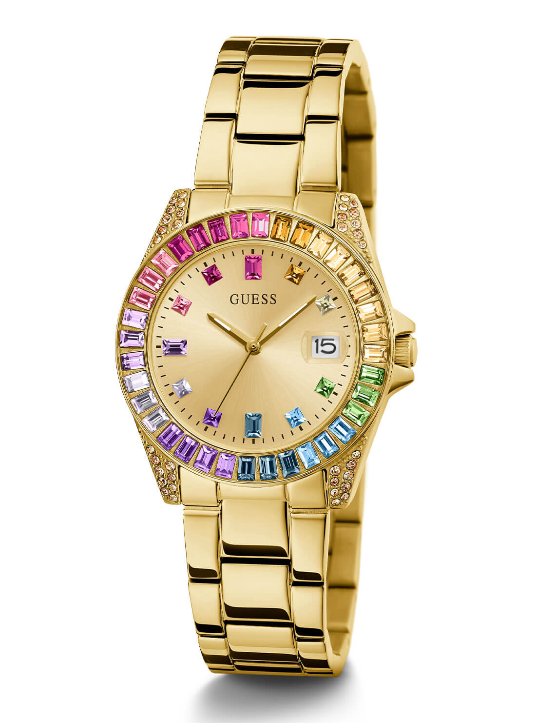 Gold Opaline Multi Crystal Link Watch | GUESS Women's Watches | full view