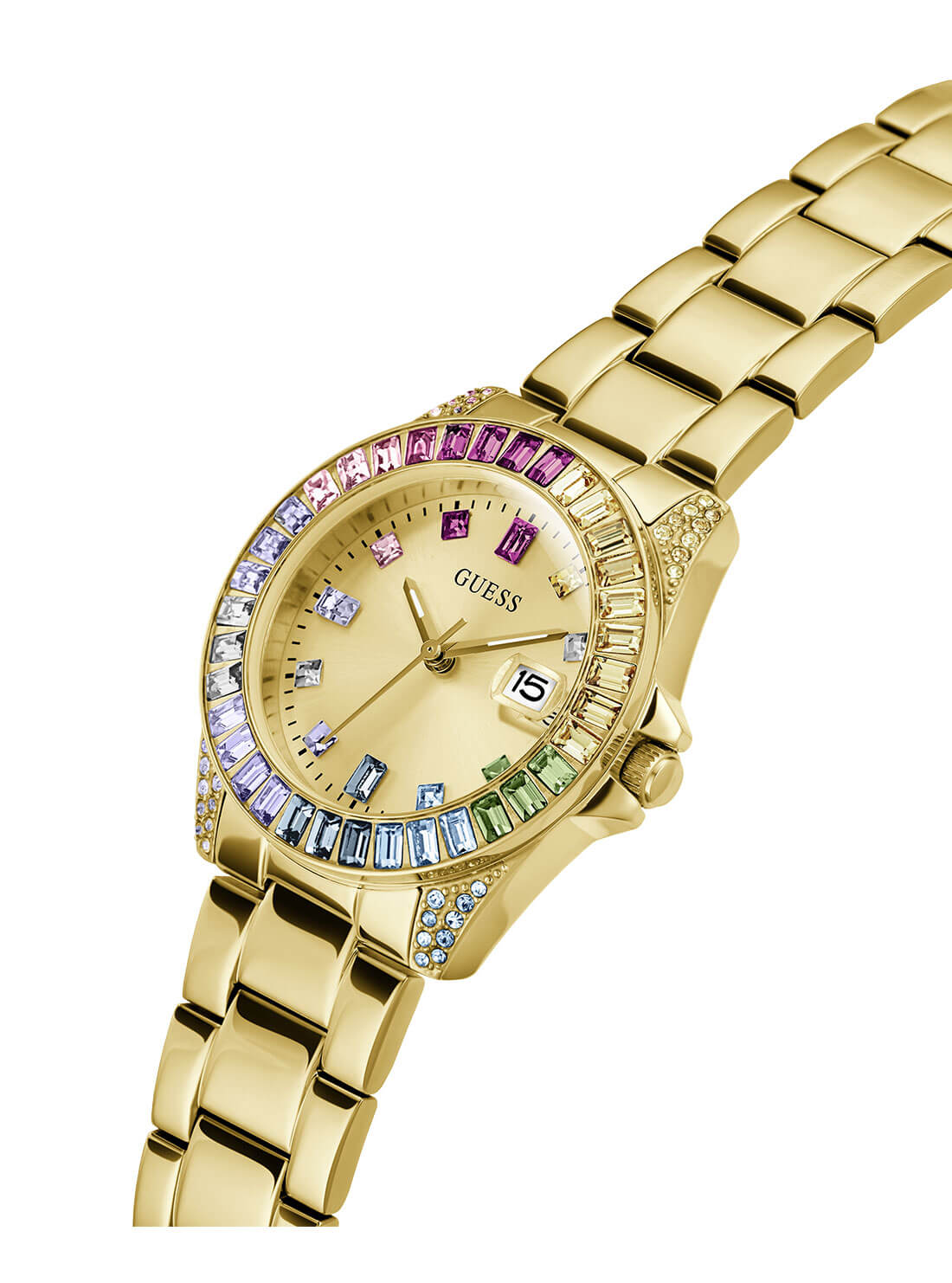 Gold Opaline Multi Crystal Link Watch | GUESS Women's Watches | detail view