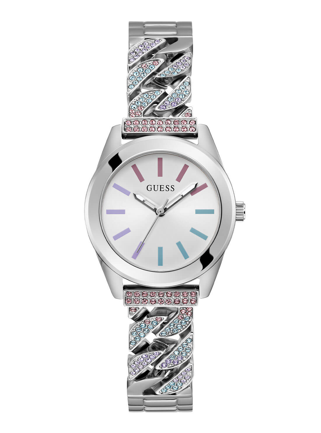 Silver Serena Multi Glitz Link Watch | GUESS Women's Watches | front view